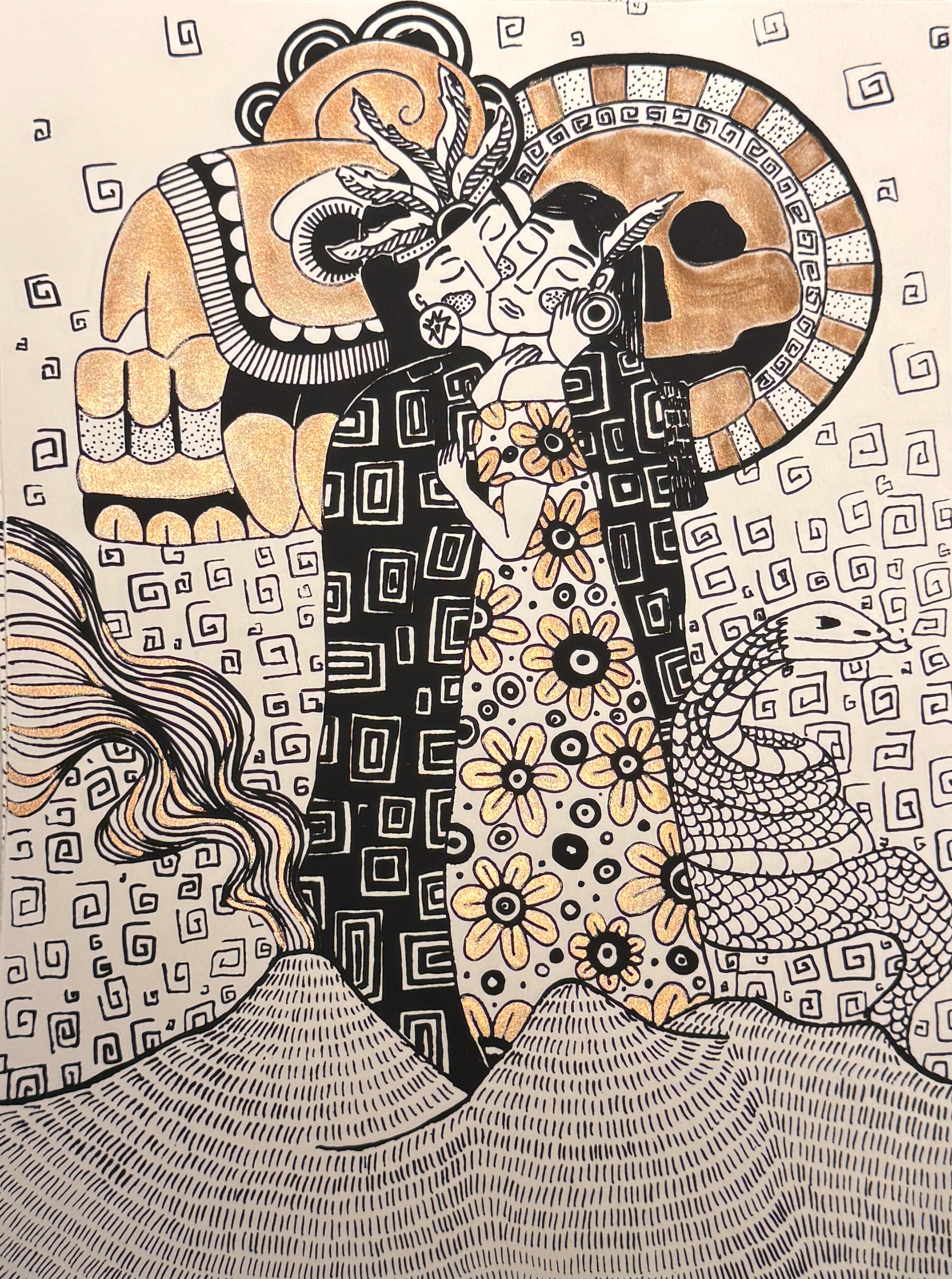 Silkscreen on watercolor paper with metallic watercolor highlights.