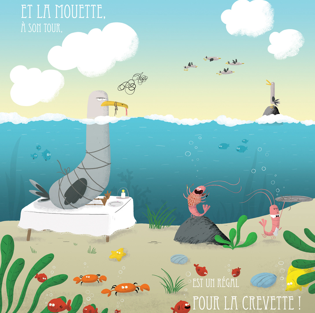 Illustrations pour l'album "Là où les crevettes mangent les mouettes", écrit par Coralie Saudo
