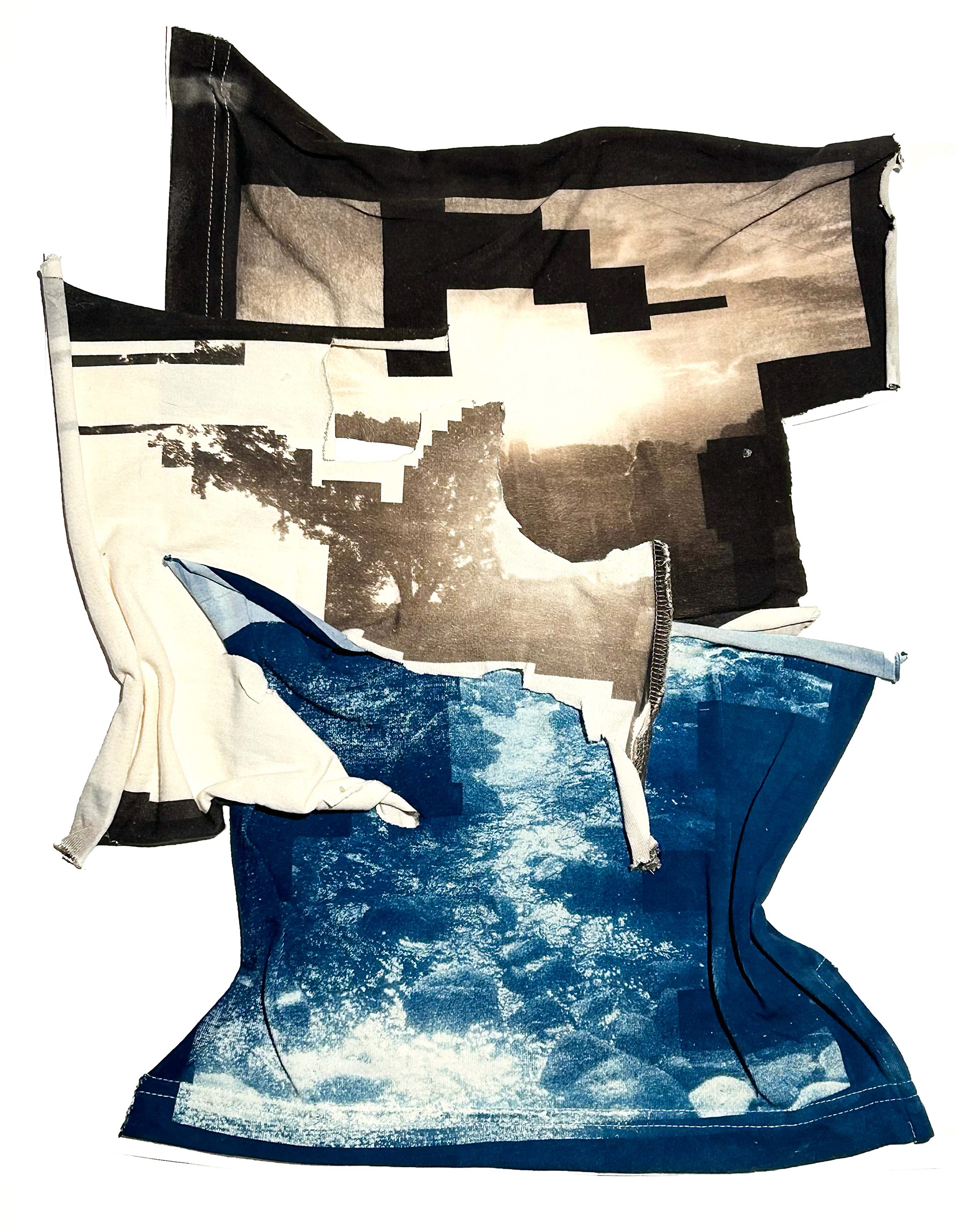 Trickling Collage, 2024. Cyanotype and Van Dyke Brown prints on cotton.