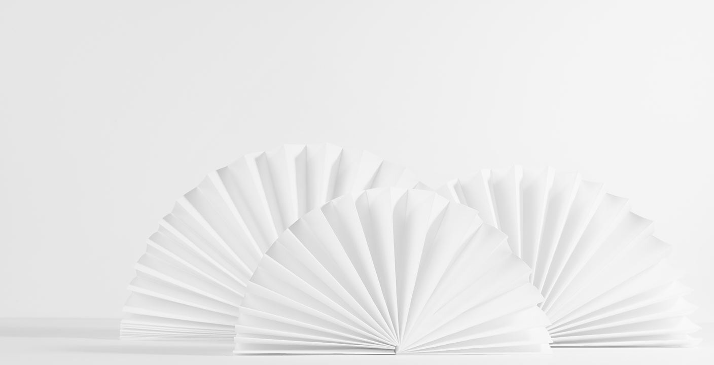 White soft light chinese circle folds paper fans on table with wall as as decoration in elegant asian abstract background, copy space. @ Adobe Stock