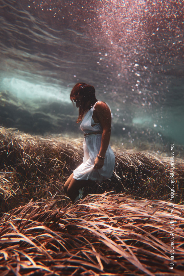 A woman wearing a white dress moves underwater through tall, flowing aquatic plants, with sunlight filtering from above and bubbles shimmering in the clear water.