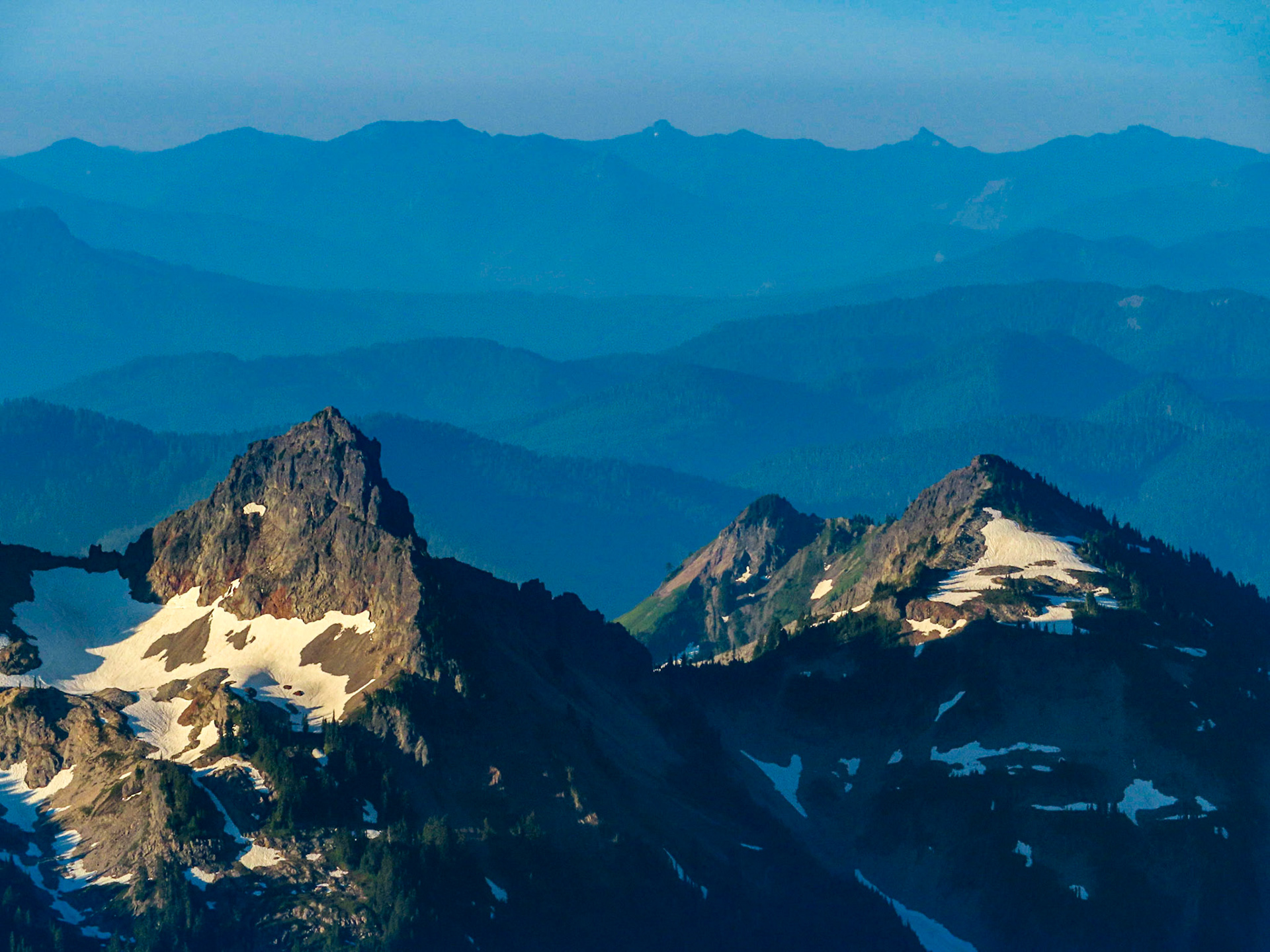 Pinnacle Peak (6,562') and Plummer Peak (6,370') in the Tatoosh Range.