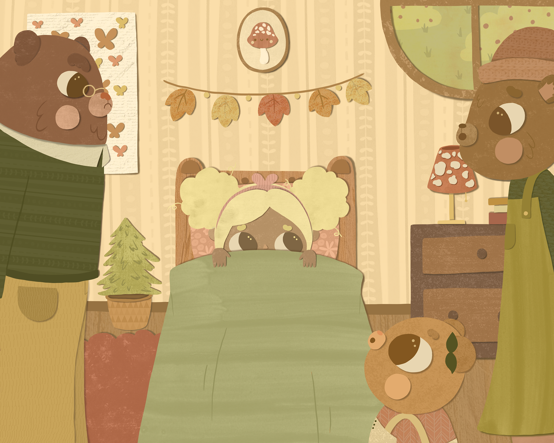The Bears catch Goldilocks in Baby Bear's bed