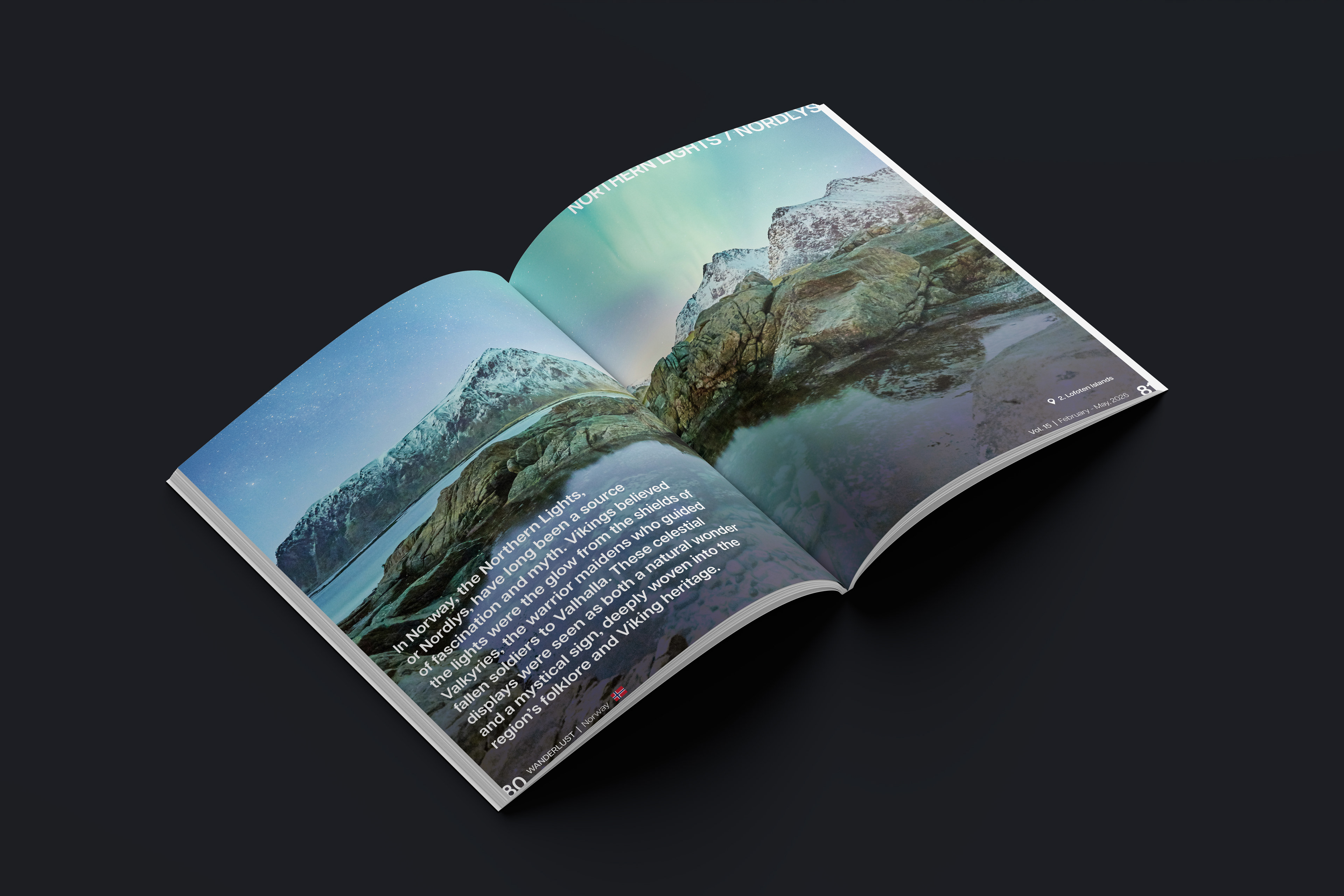Magazine spread of Wanderlust, a travel magazine. The featured issue is Norway.
