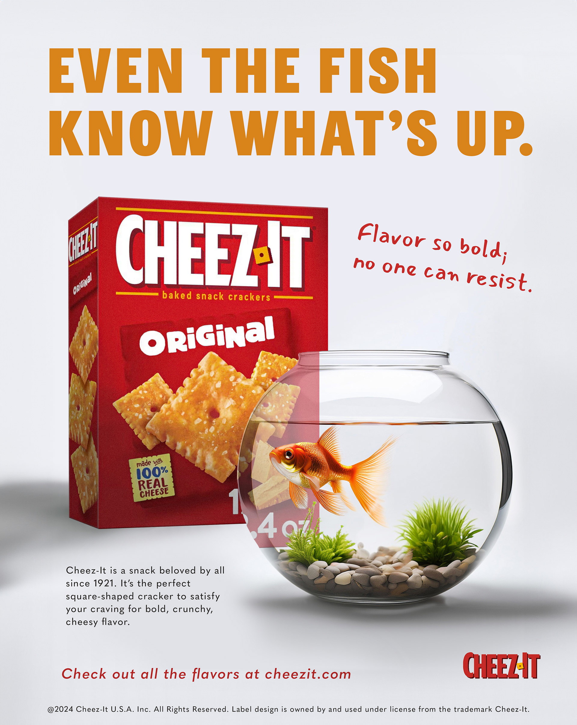 Advertisement for Cheez-Its featuring a goldfish in a bowl looking at a box of Cheez-Its.