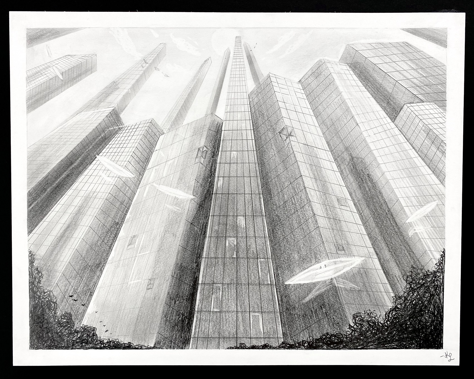 Drawing of several skyscrapers in a city scene.