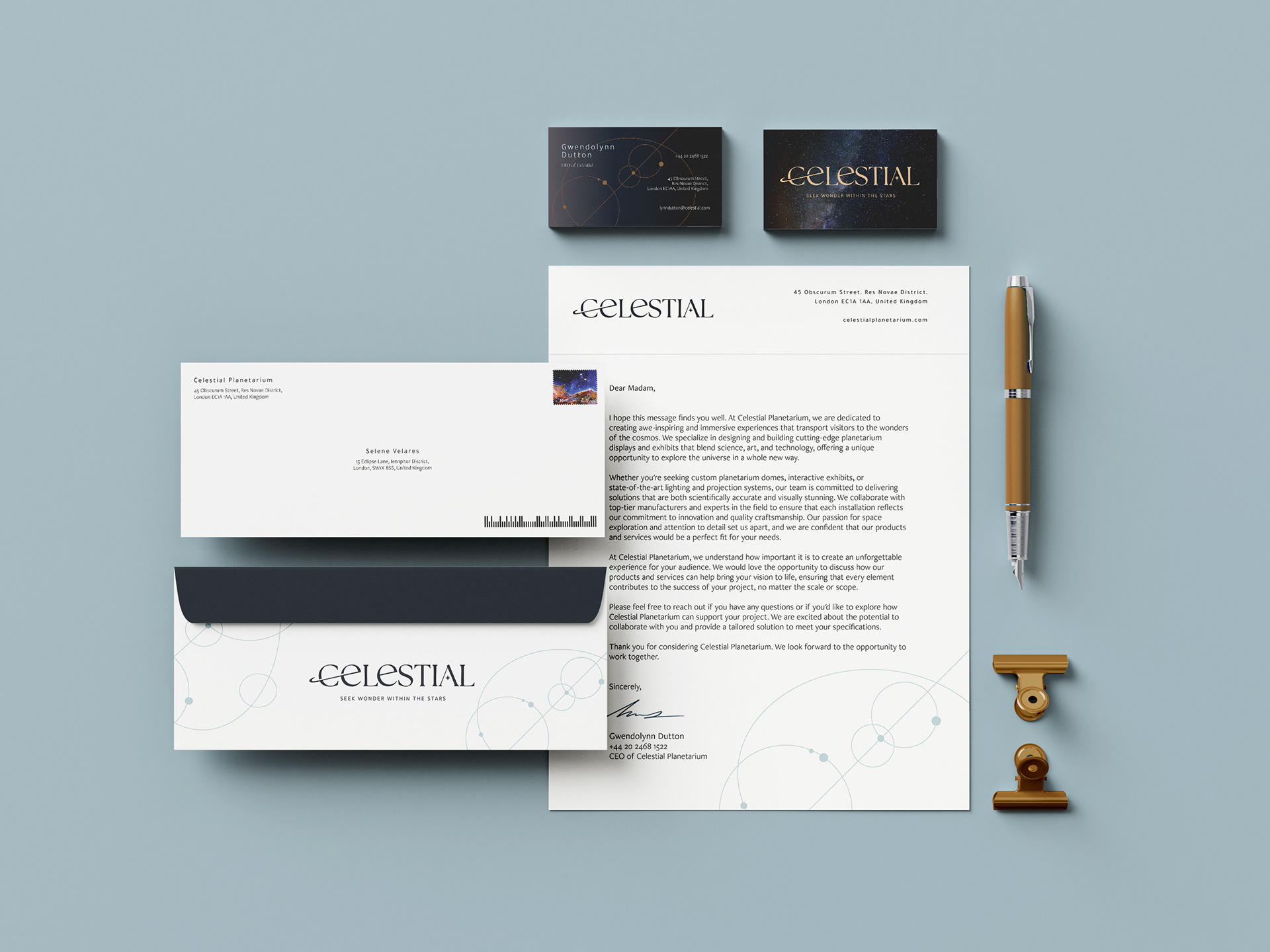 Stationery featuring a letterhead, business card, and envelope.
