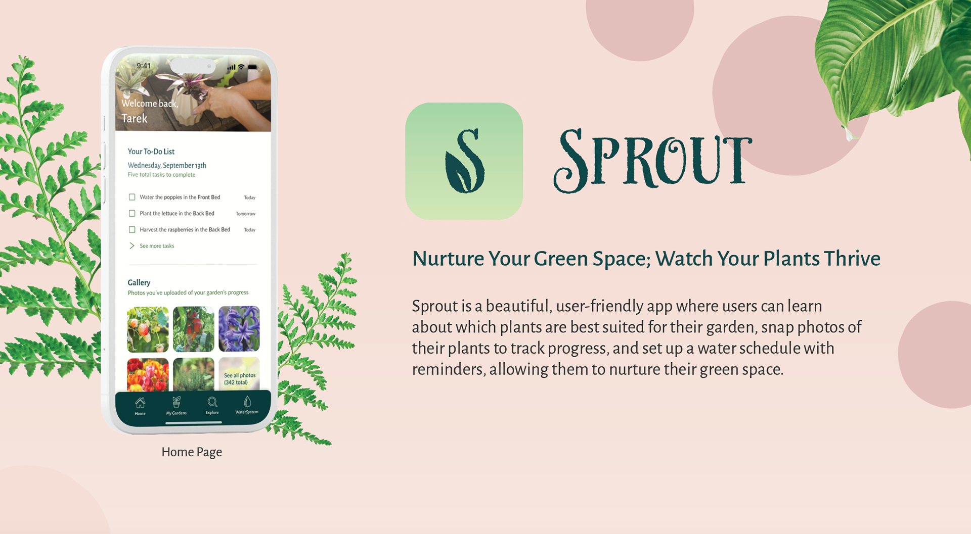 Phone screen displaying the home page of the gardening app "Sprout" with plants in the background.
