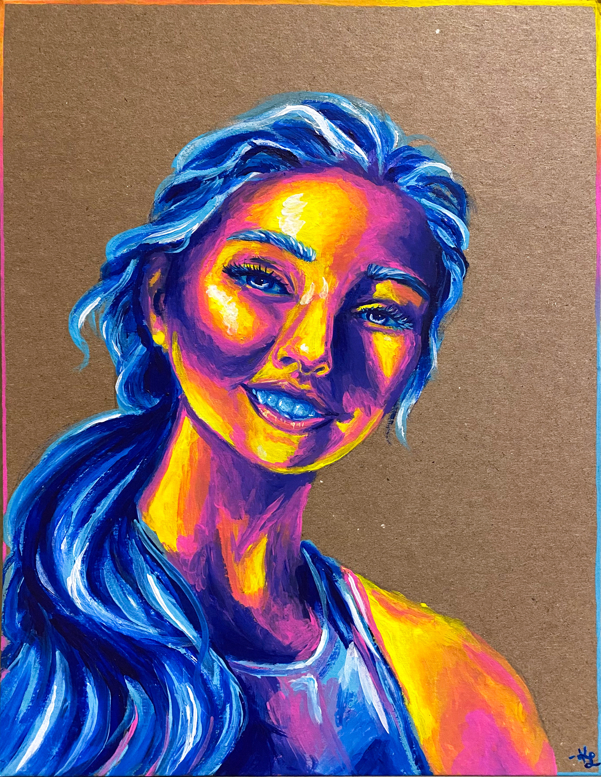 Brightly colored painted portrait of a smiling woman.
