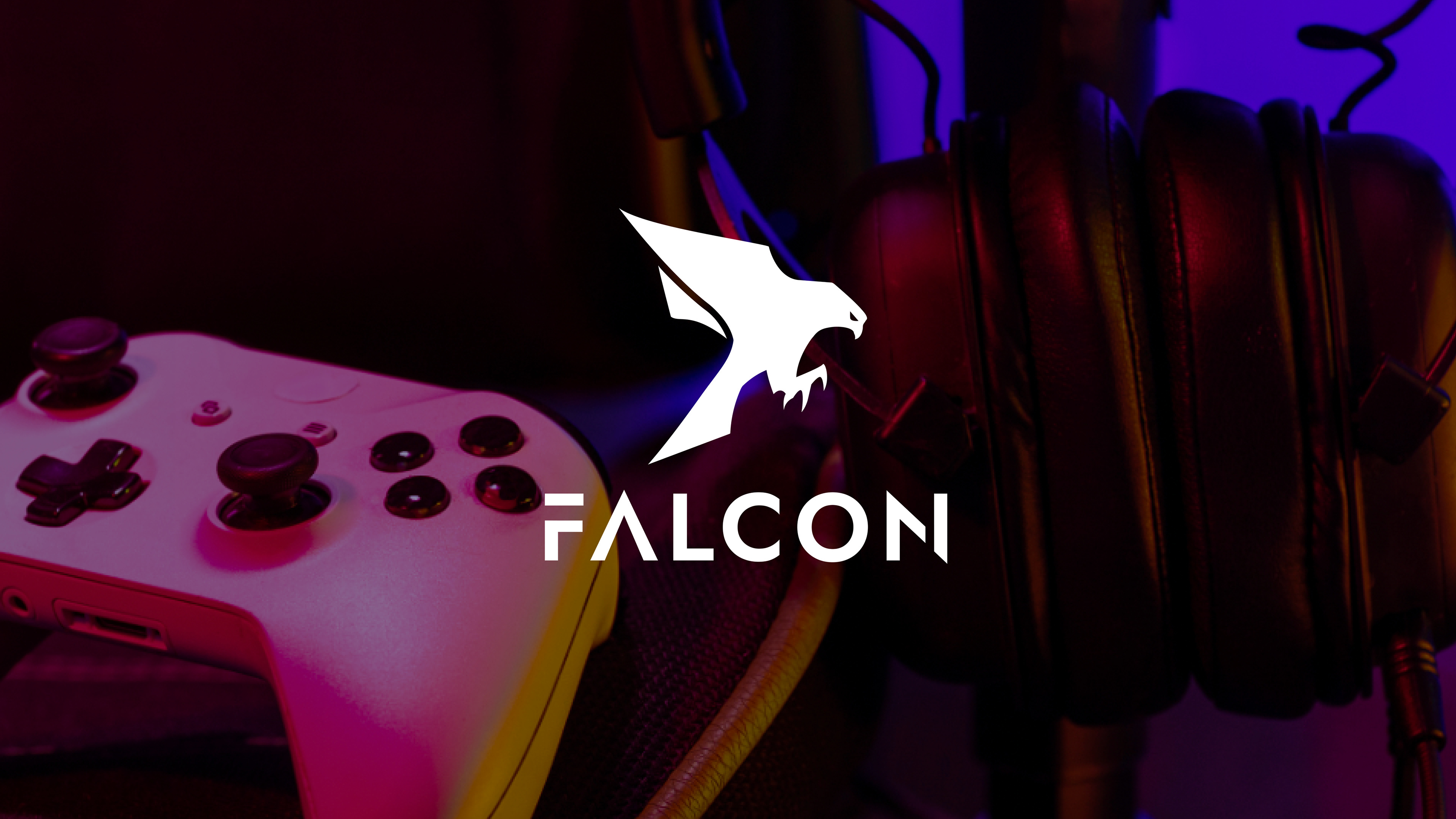 Falcon logo over a background showing gaming accessories such as a controller and a headset.