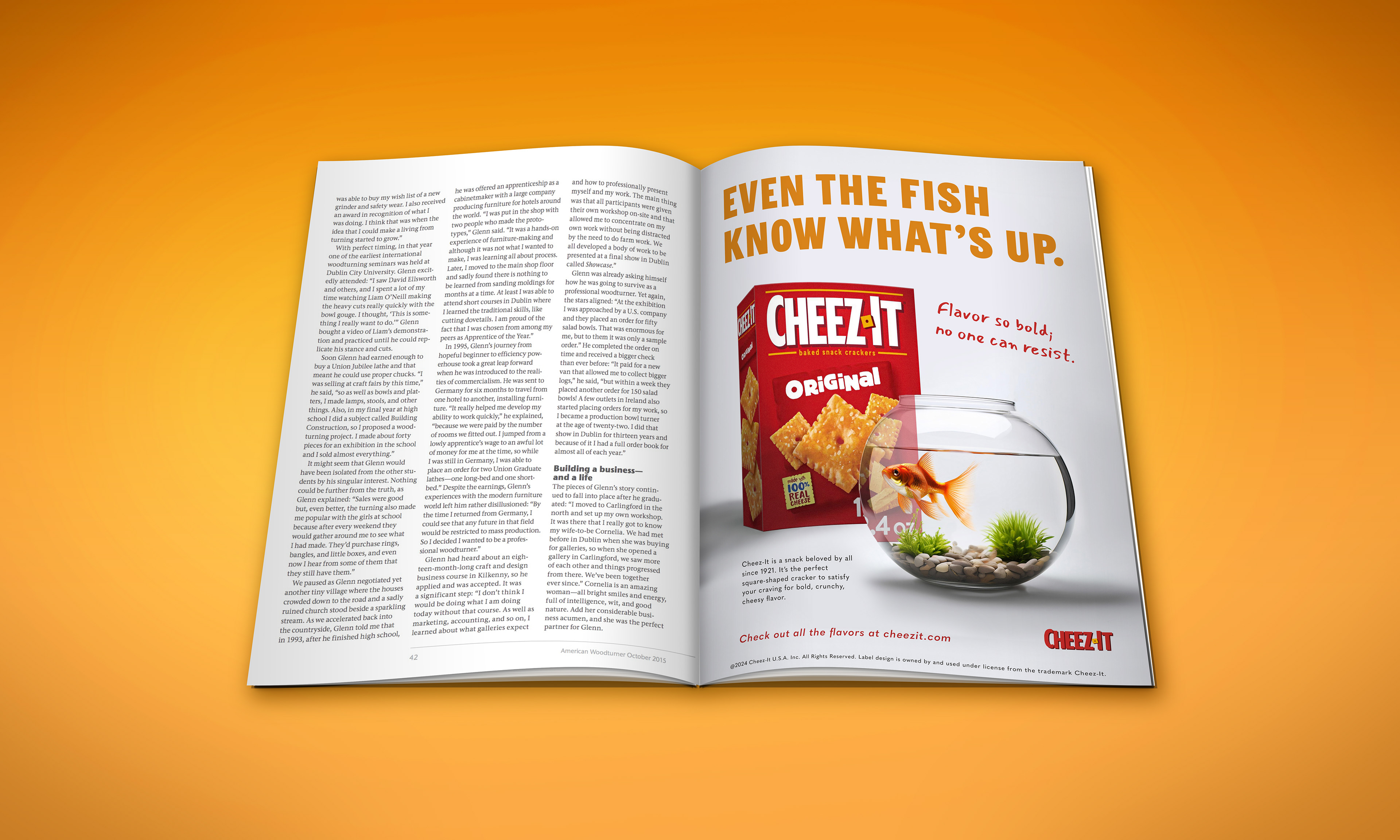 Magazine spread featuring an advertisement for Cheez-Its.
