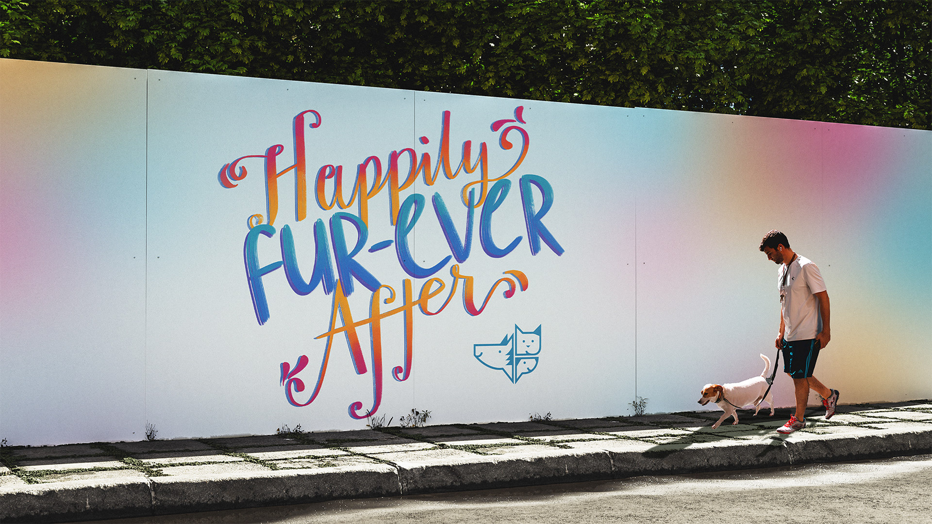 Man walking his dog past a mural reading "Happily Fur-Ever After".