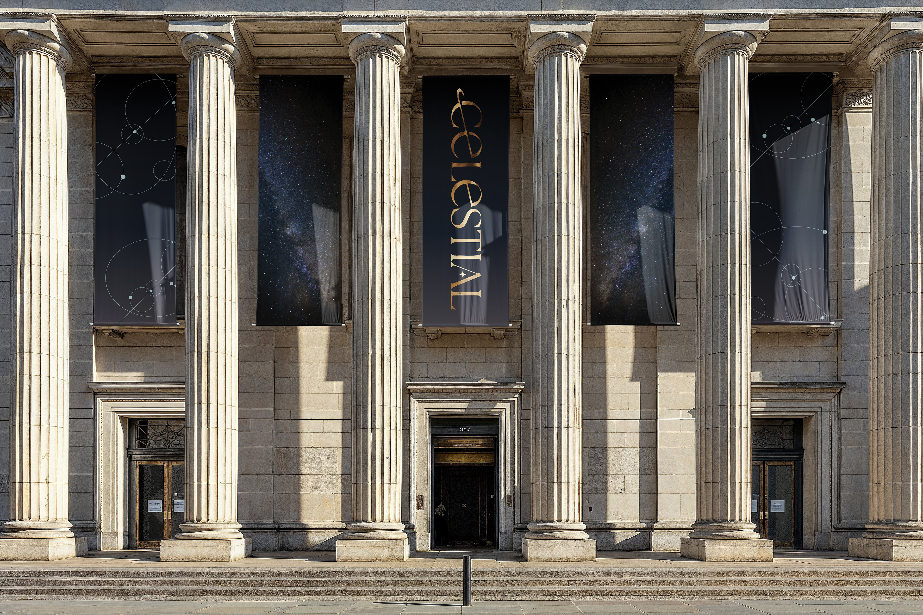 Museum front with banners.