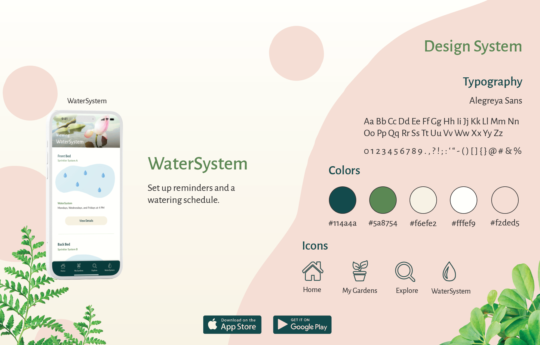 Screen of the app "Sprout" showing the WaterSystem page. A seperate section is to the right showing the font choice, colors, and custom-designed icons.