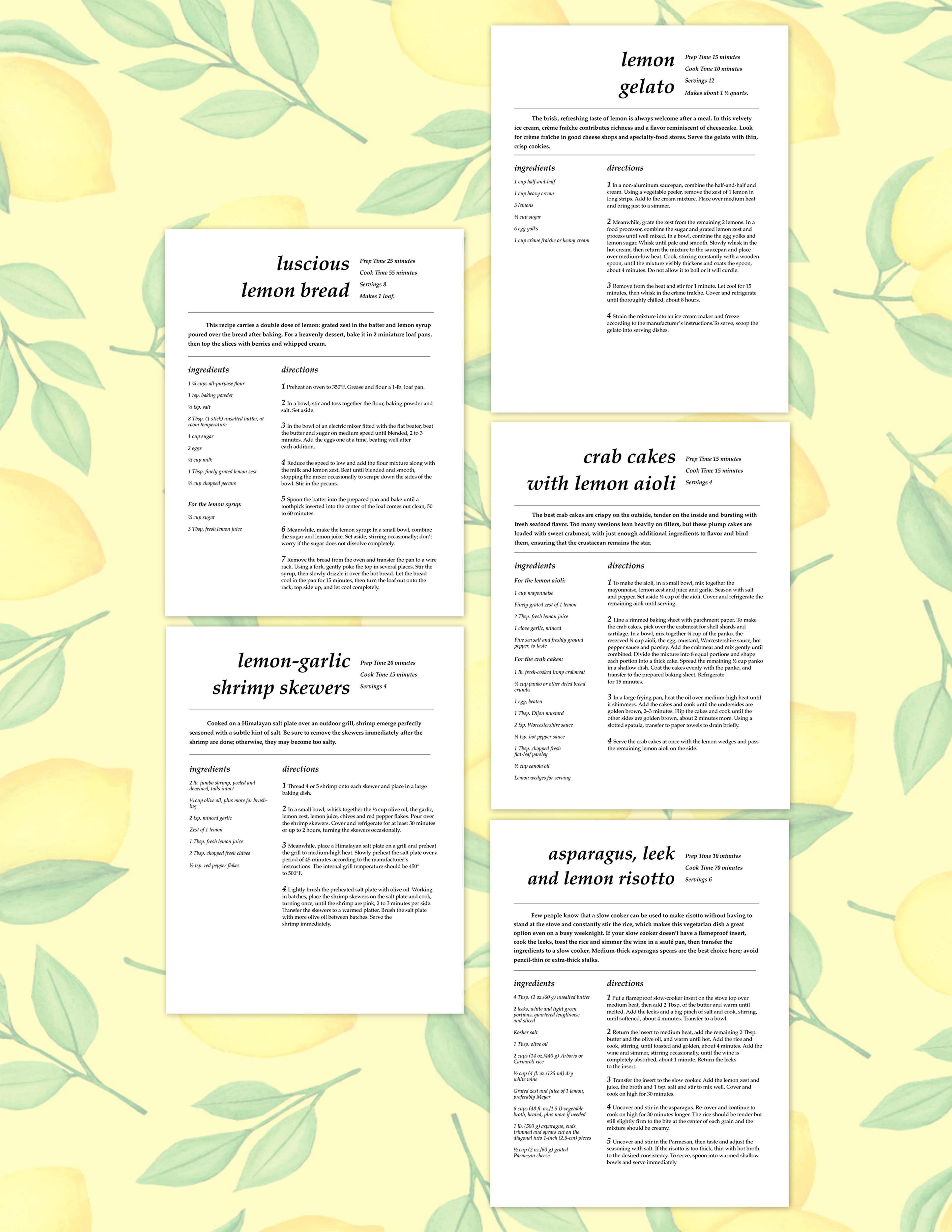 Five lemon themed recipe cards on a lemon-patterned background.