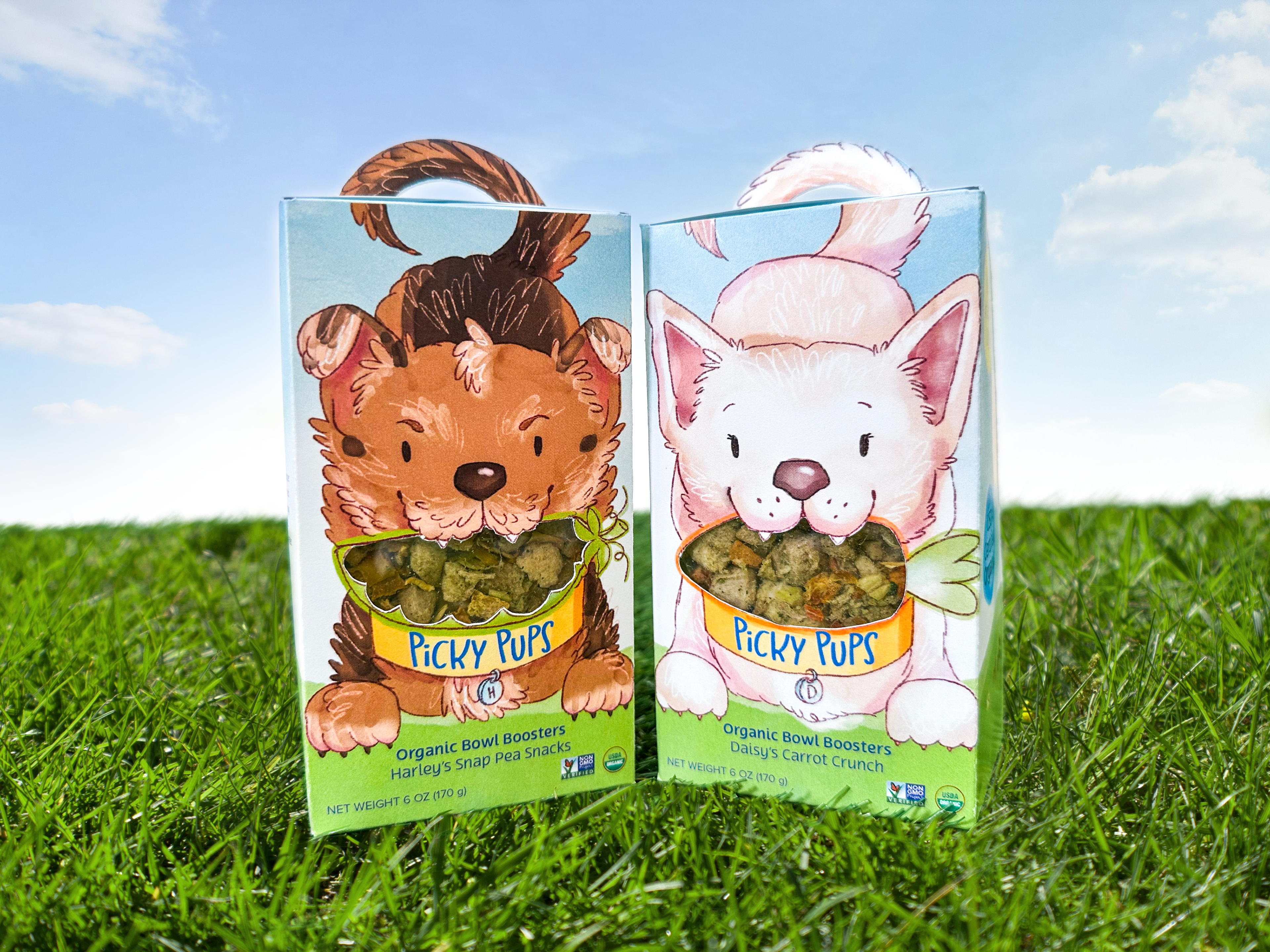 Two package design boxes with dogs. 