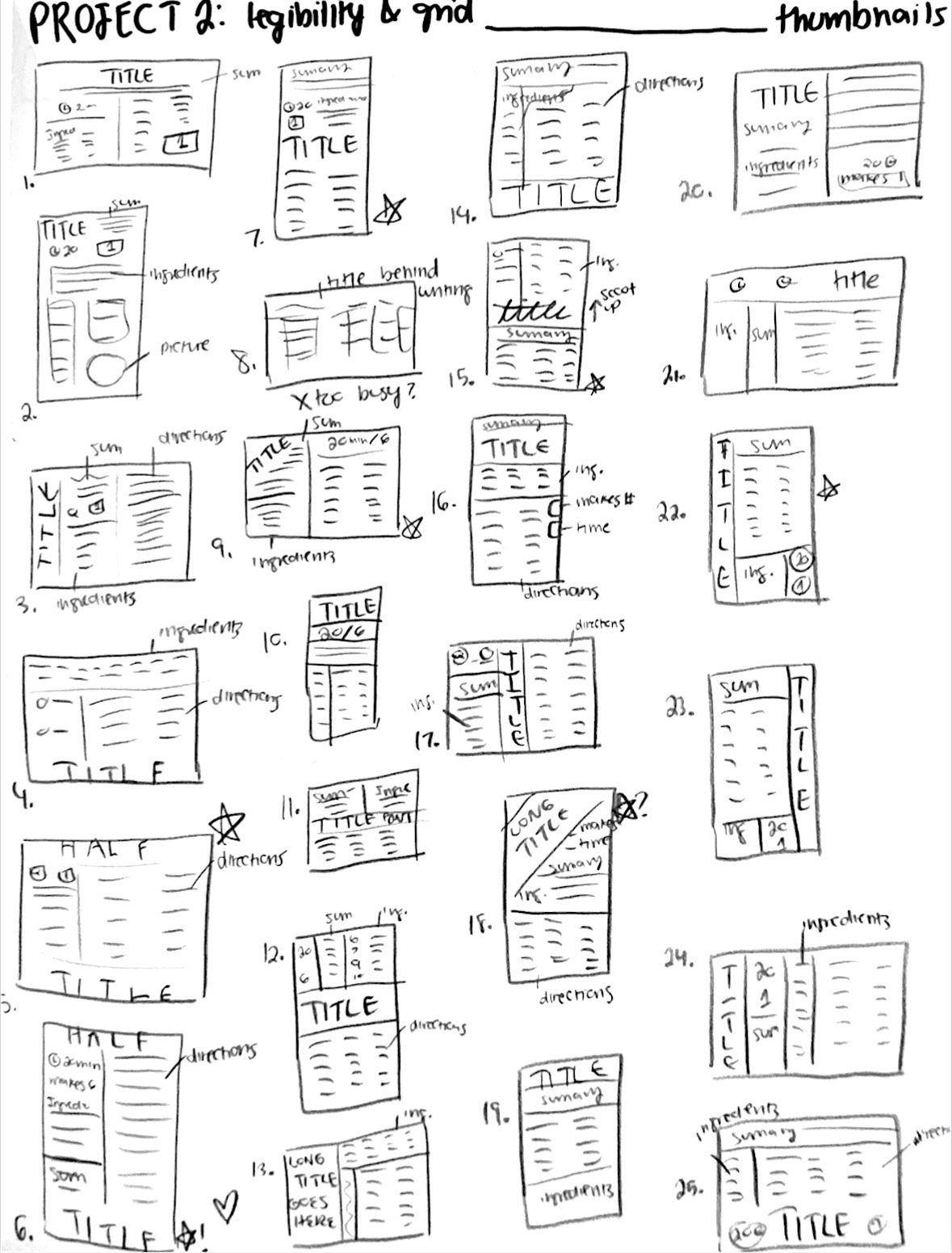 Sketchbook page with multiple thumbnails.