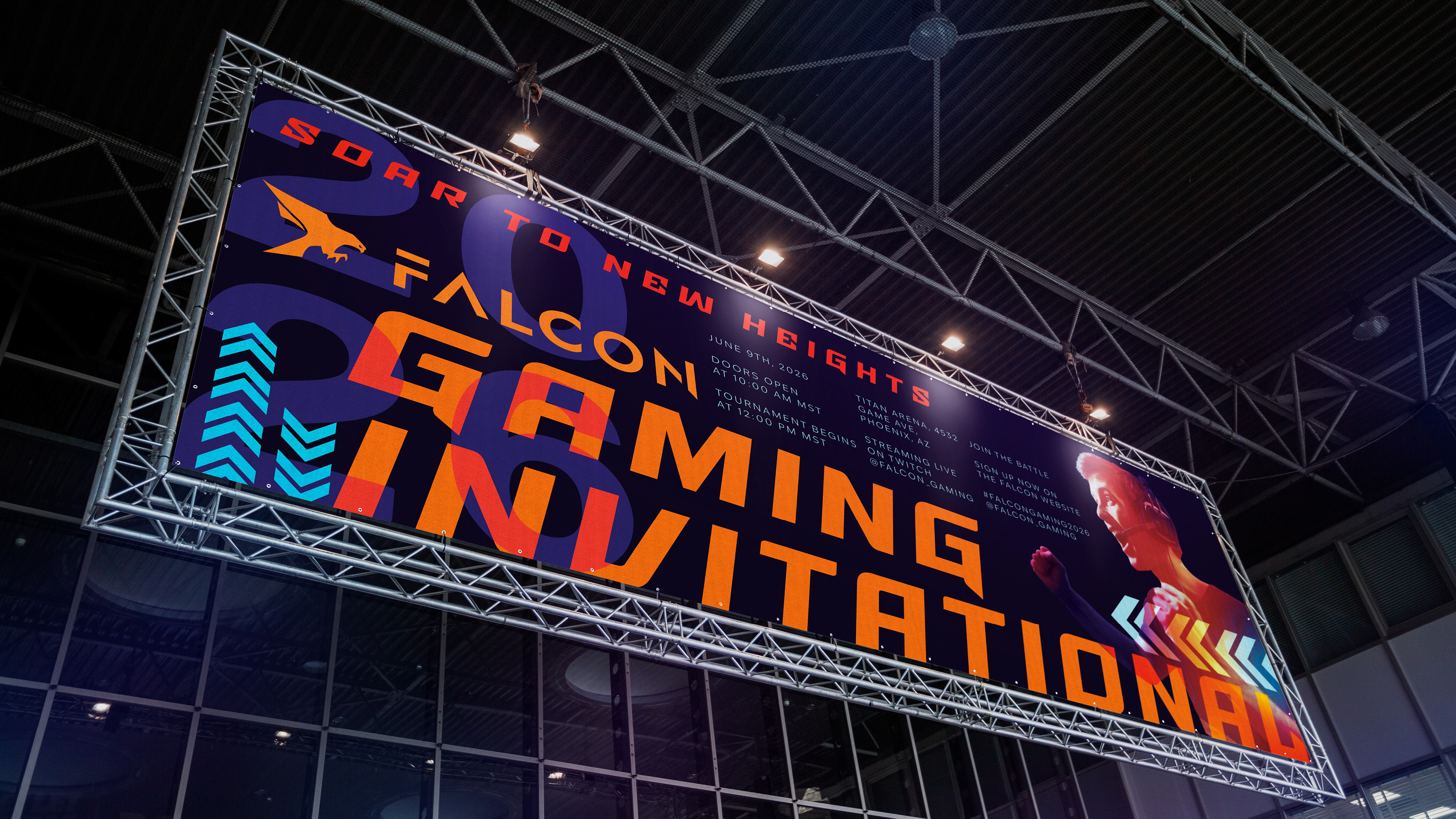 Billboard advertising a gaming invitational hosted by Falcon.