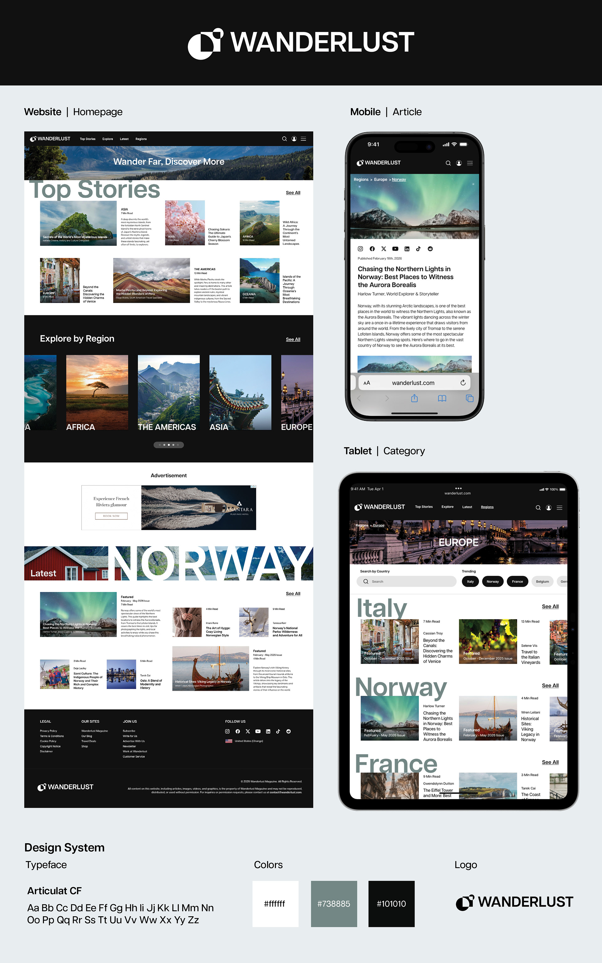 Digital magazine version of Wanderlust, featuring a design for mobile, tablet, and a website homepage.