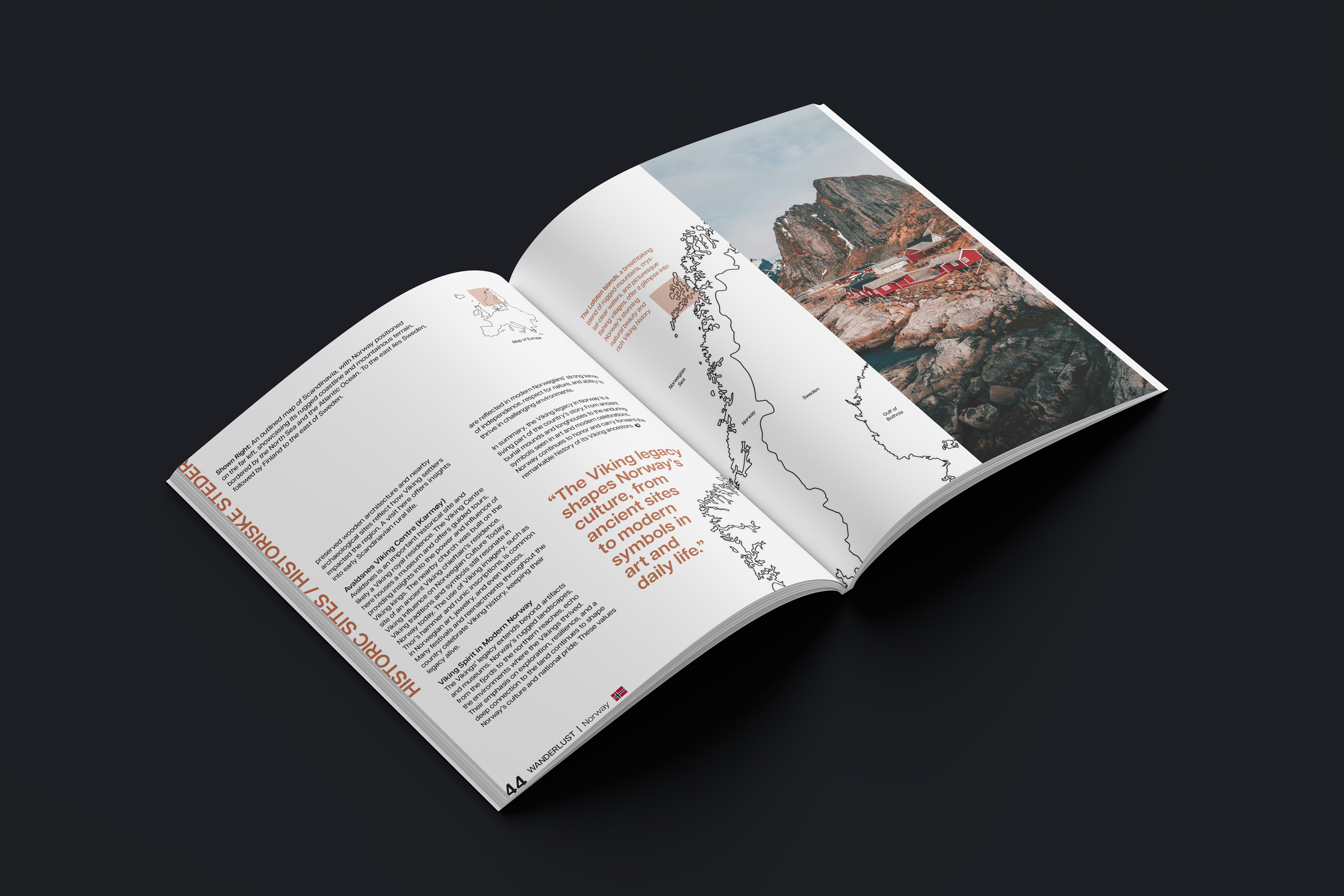 Magazine spread of Wanderlust, a travel magazine. The featured issue is Norway.