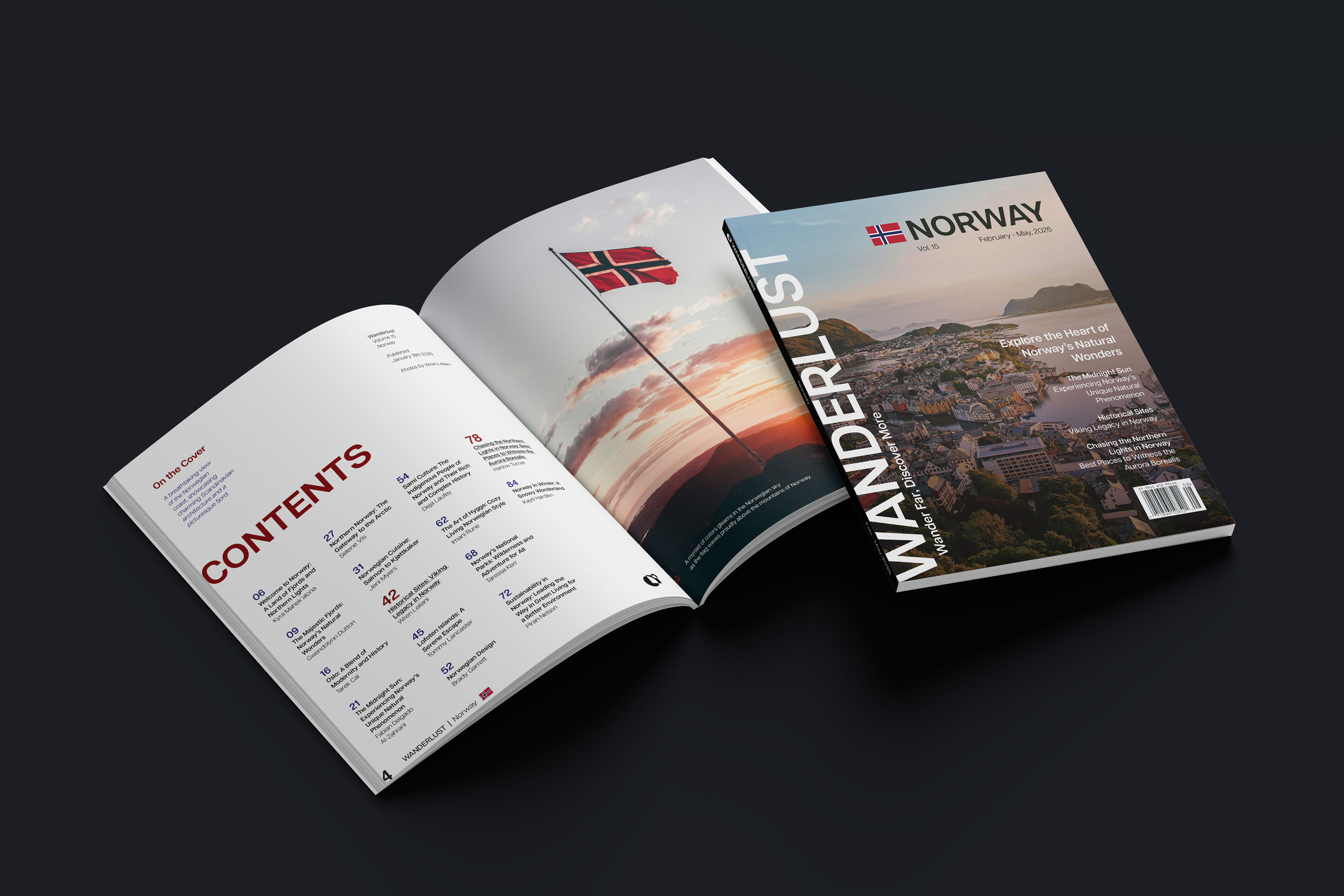 Magazine spread of Wanderlust, a travel magazine. The featured issue is Norway.
