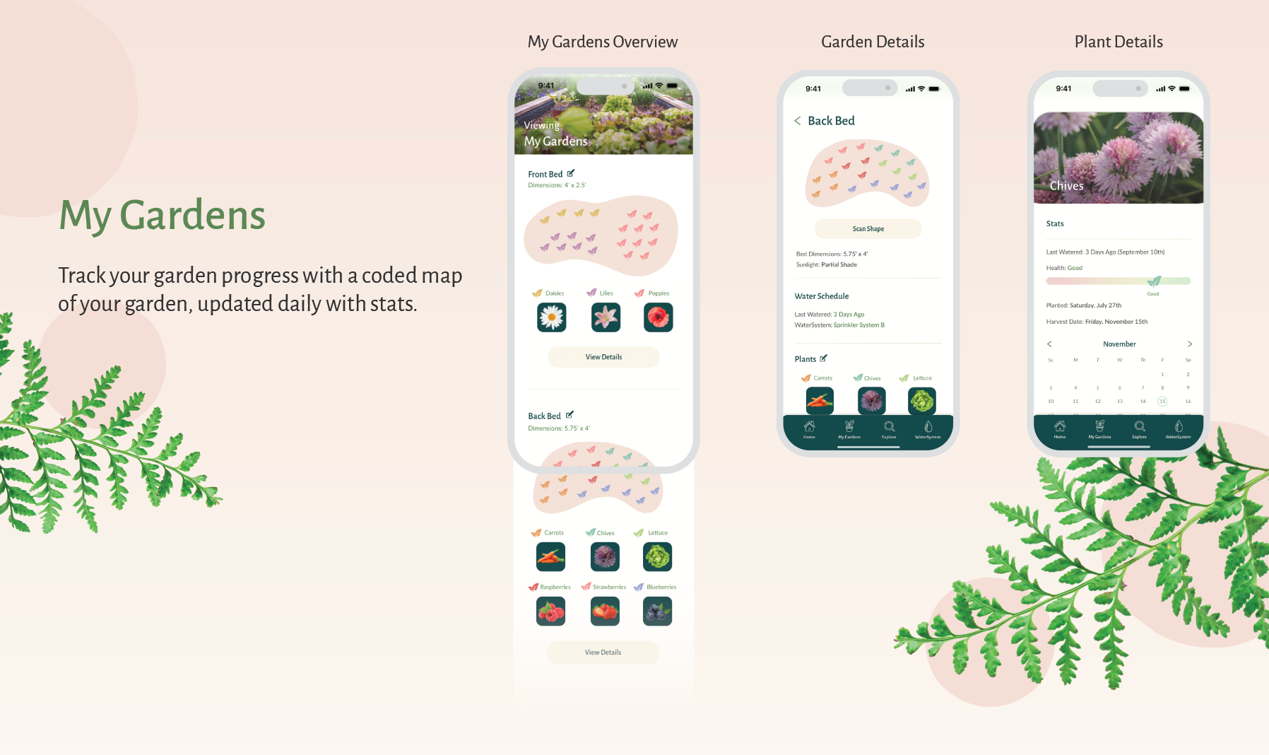 Three screens of the app "Sprout" displaying the "My Gardens" page, with maps of the user's garden.