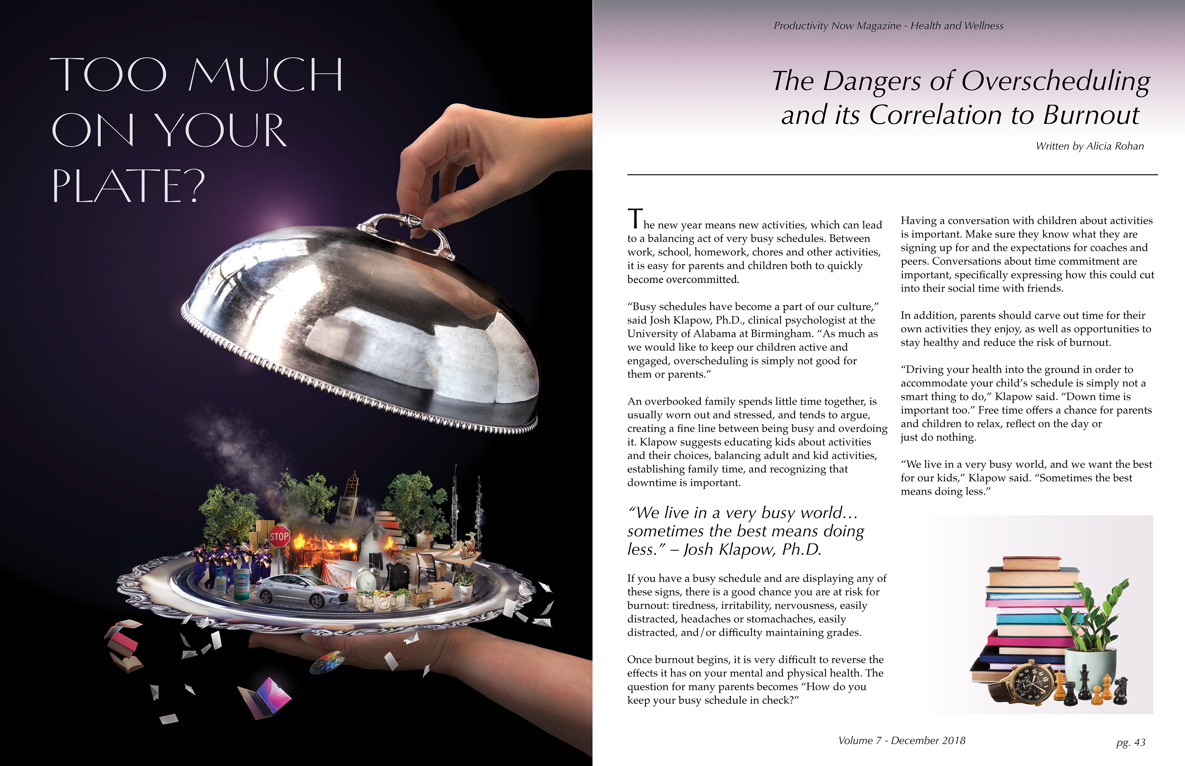 Magazine spread reading "Too Much On Your Plate?" featuring an image of a serving tray filled with objects on a dark background.