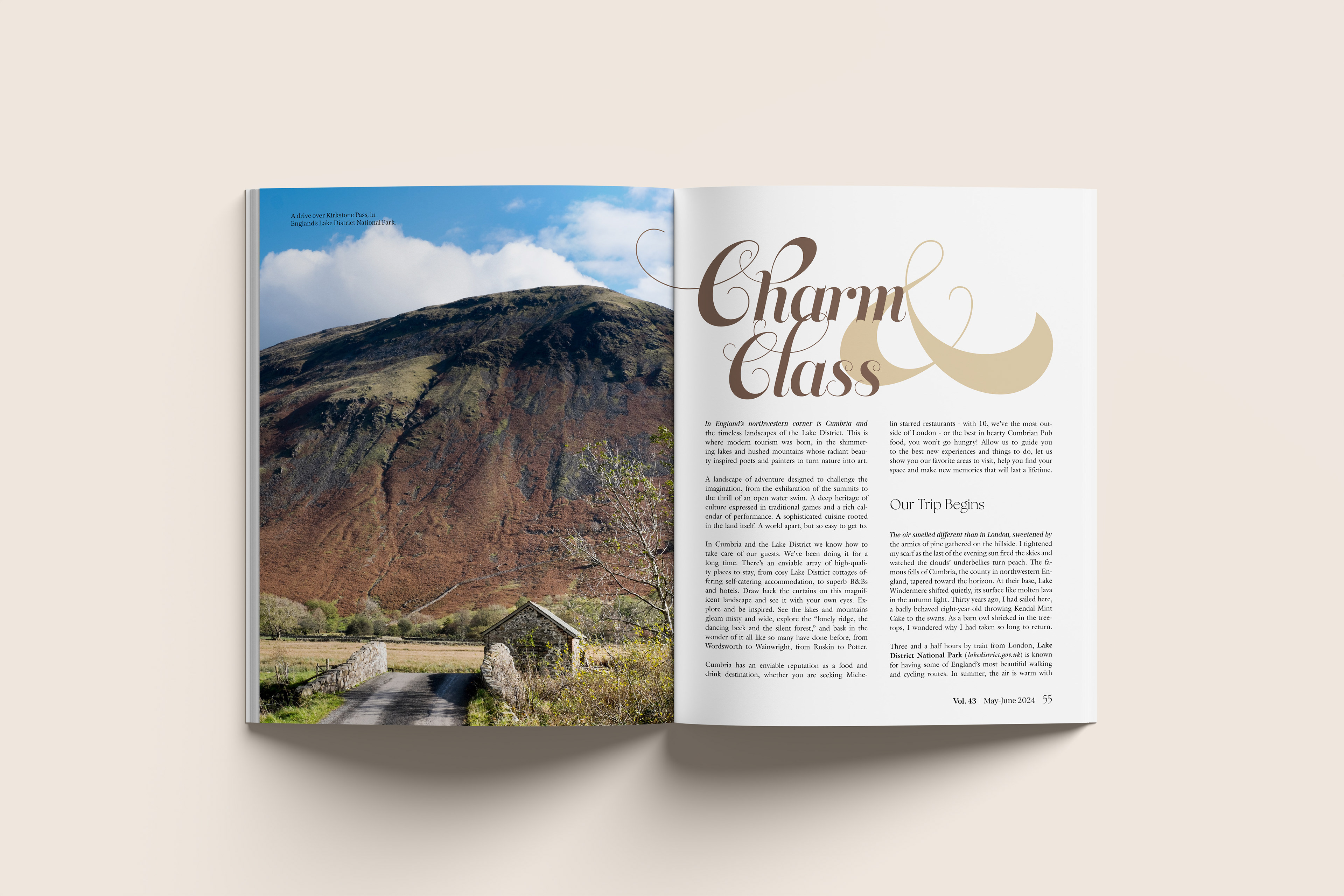 A magazine spread on a beige background.