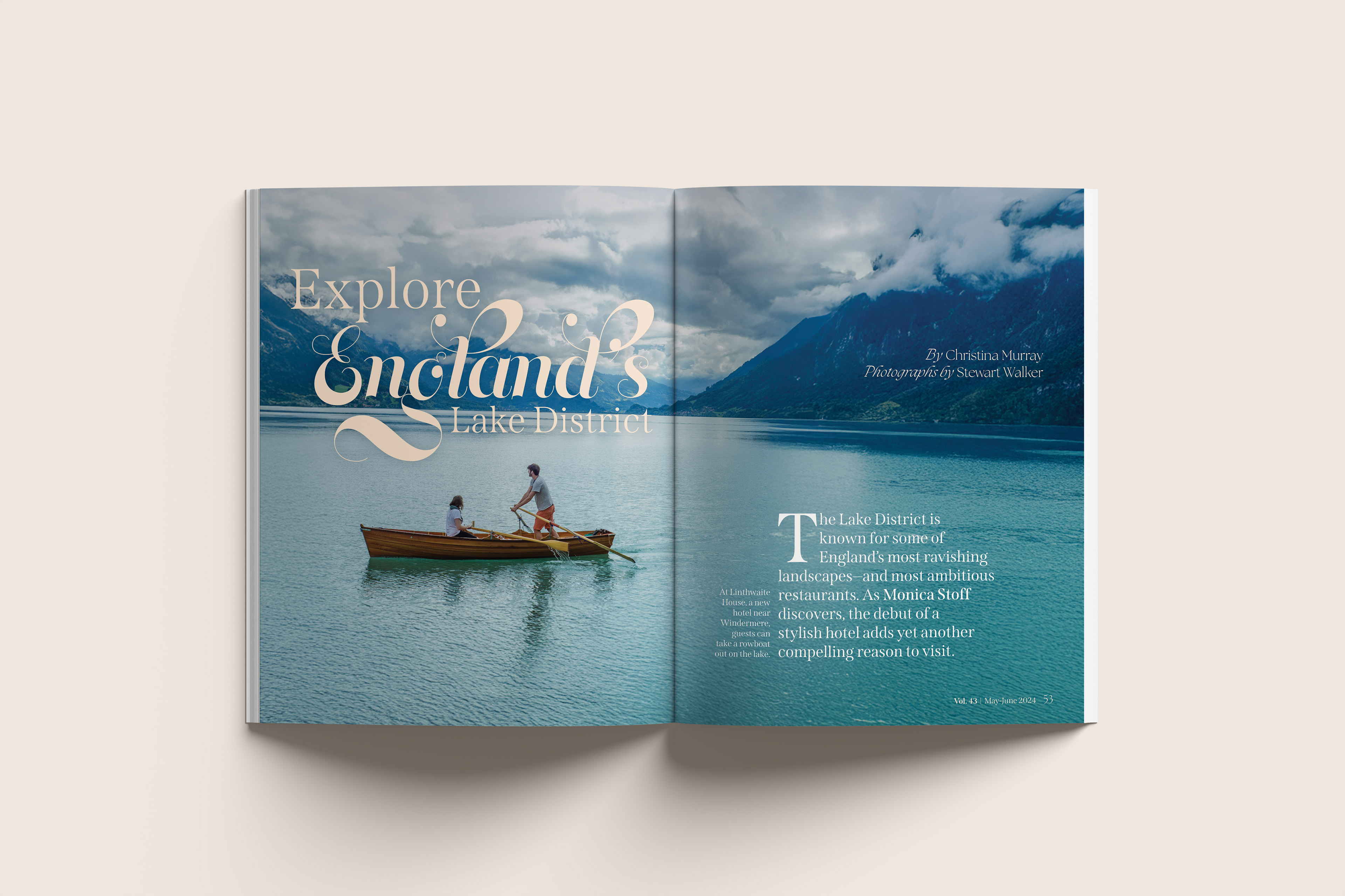 A magazine spread on a beige background.