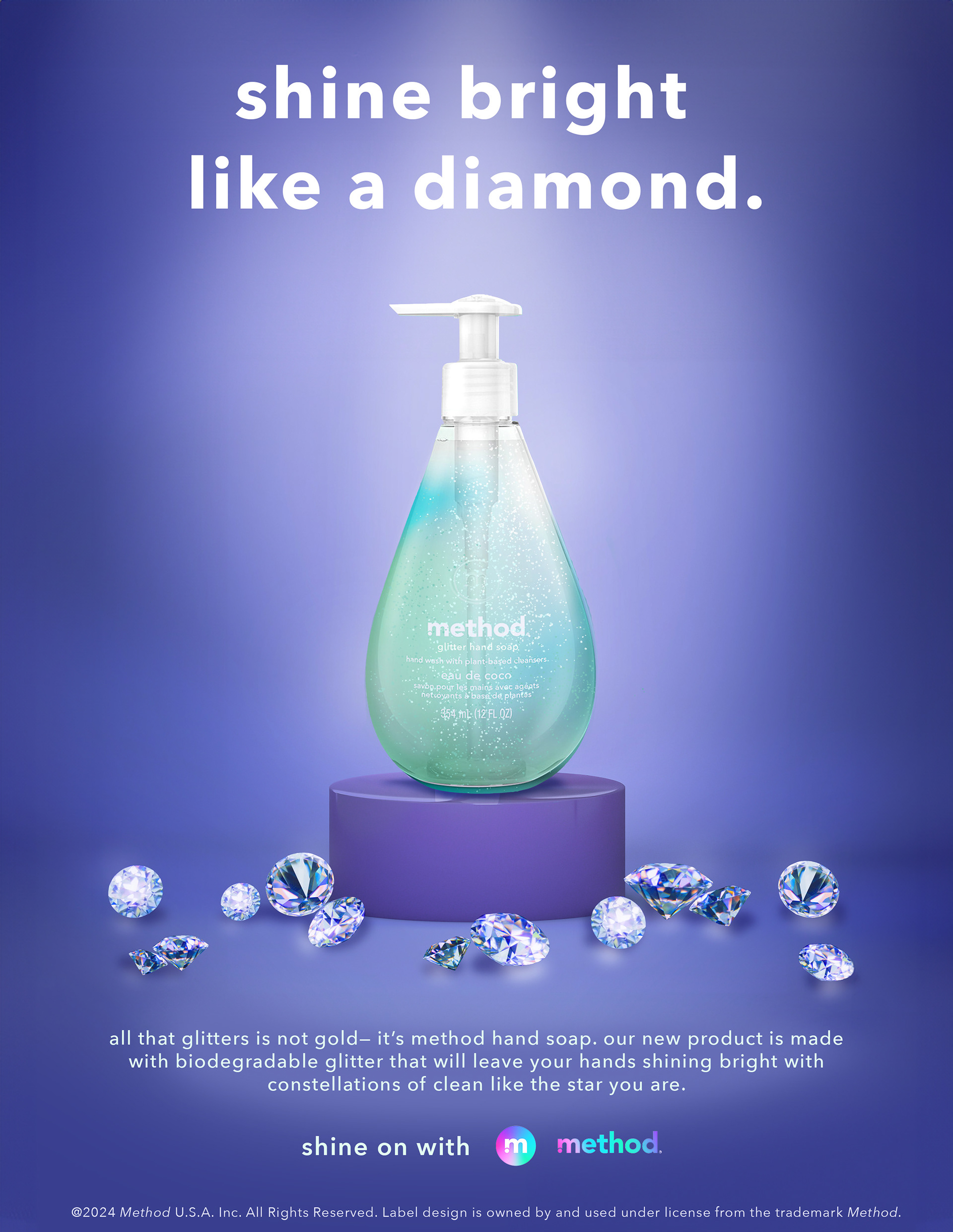 An advertisement for a product extension for Method: biodegradable glitter hand soap.