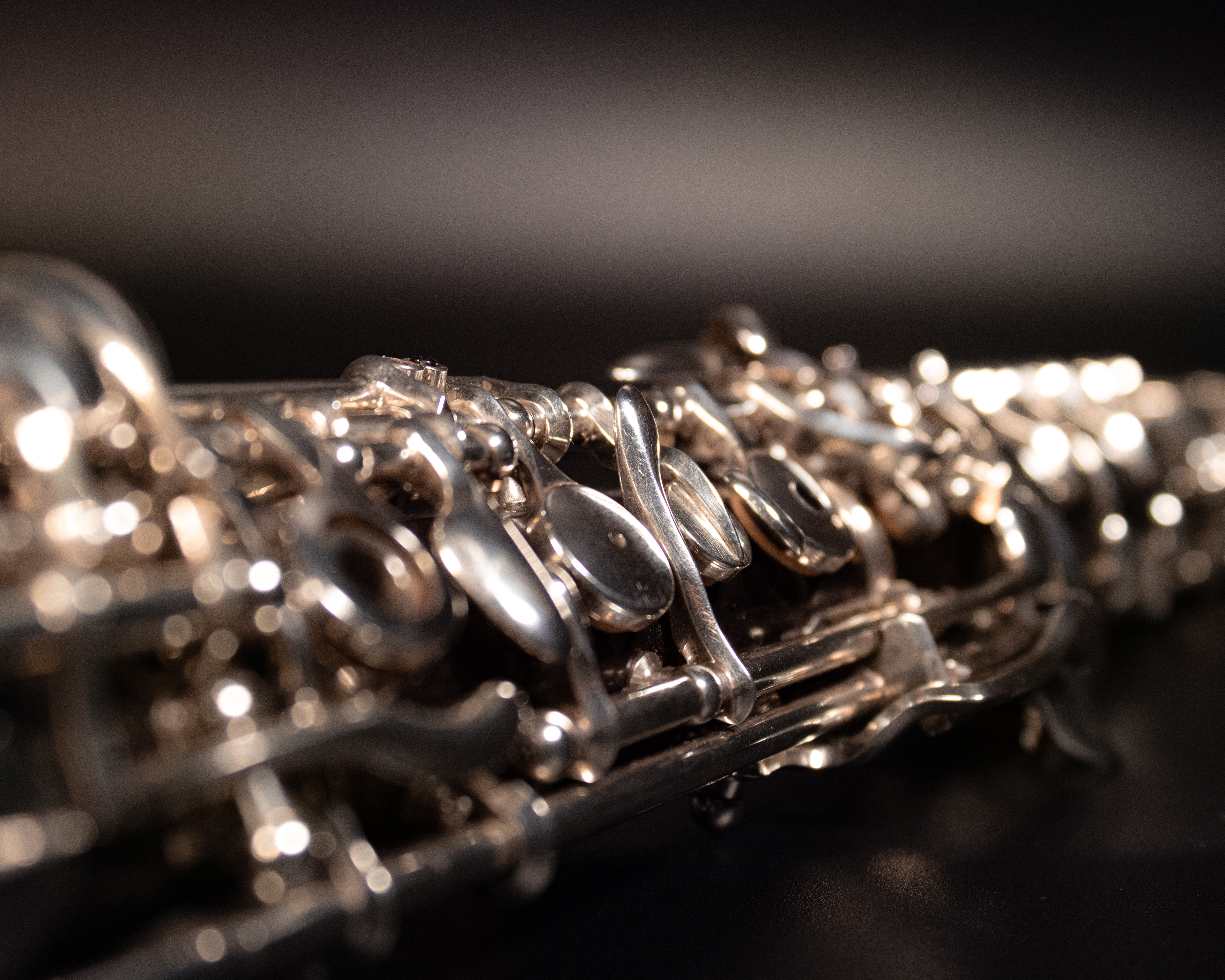 Close up photograph of an oboe.