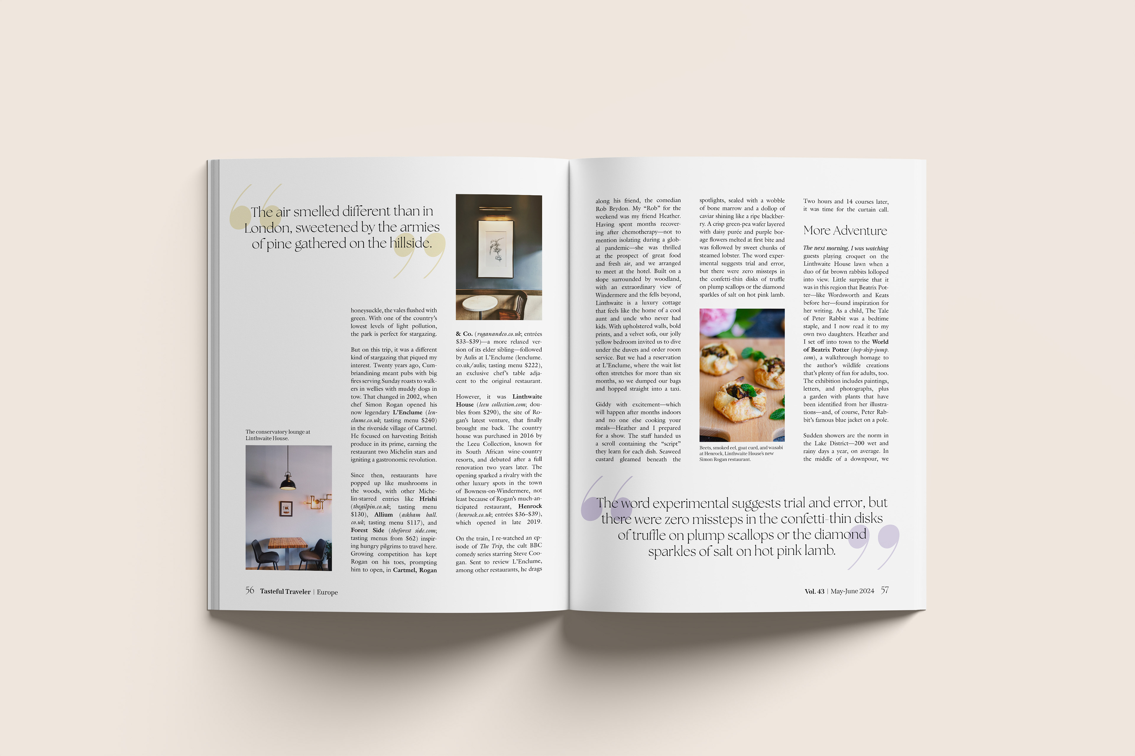A magazine spread on a beige background.