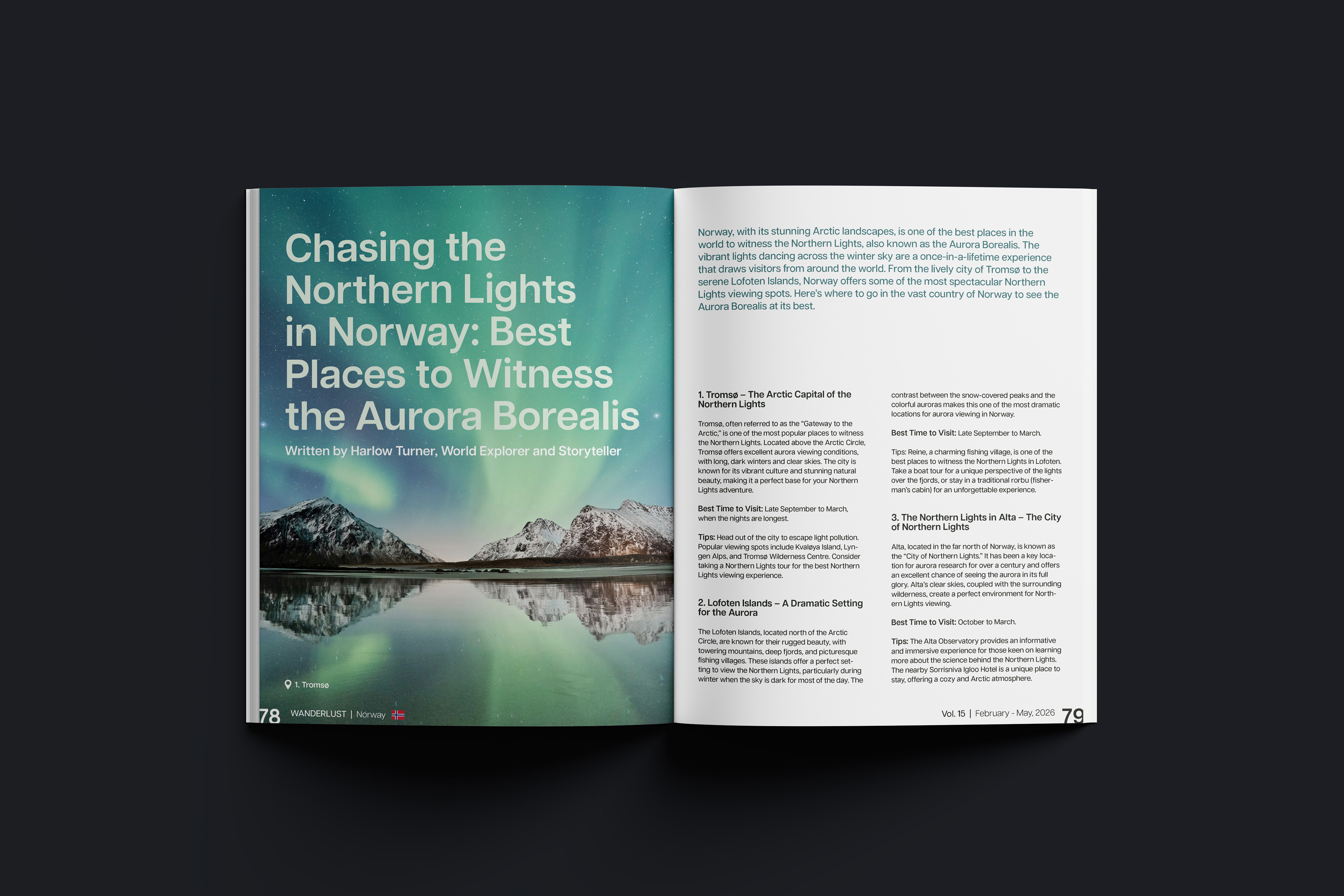 Magazine spread of Wanderlust, a travel magazine. The featured issue is Norway.