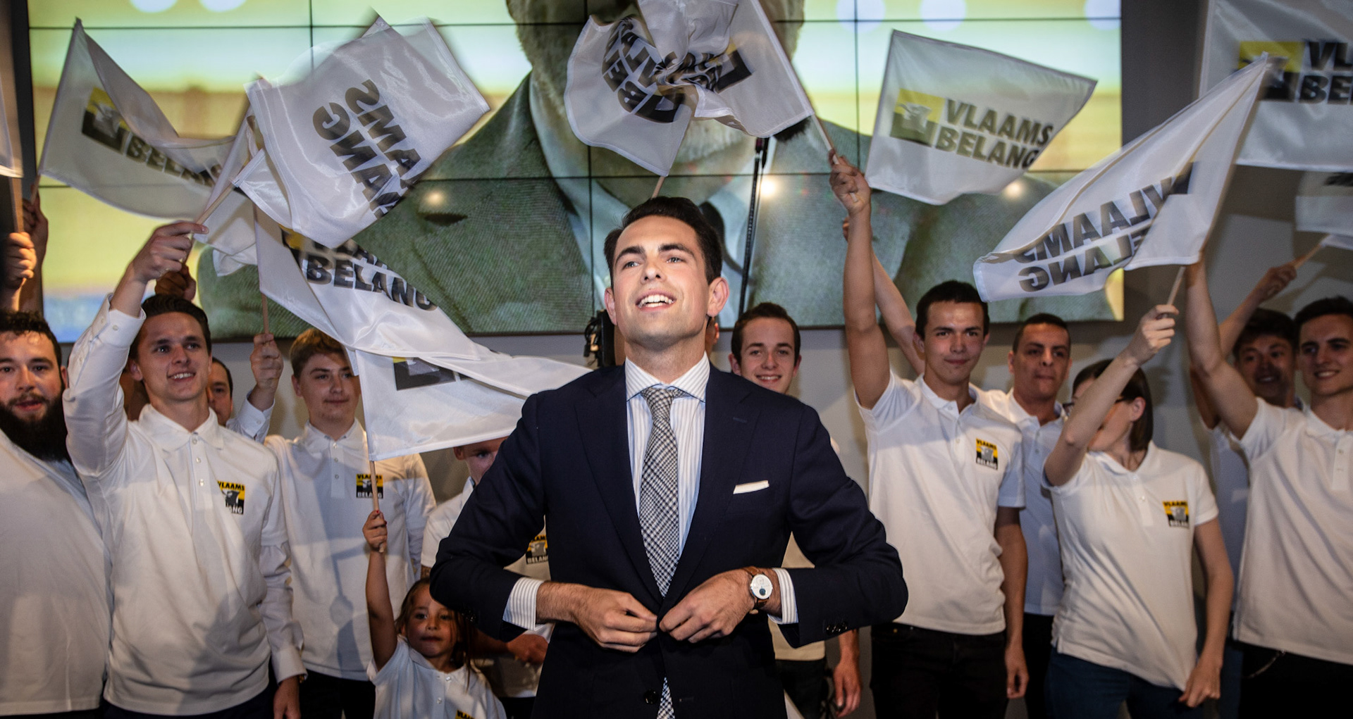 LONDERZEEL, Belgium Hotel ten Berg Vlaams Belang viert de verkiezingsoverwinning Tom Van Grieken VoorzitterPict Frank Abbeloos