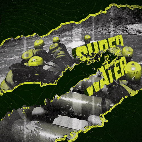 Kinetic typography animation reading shred water with footage of rafters.