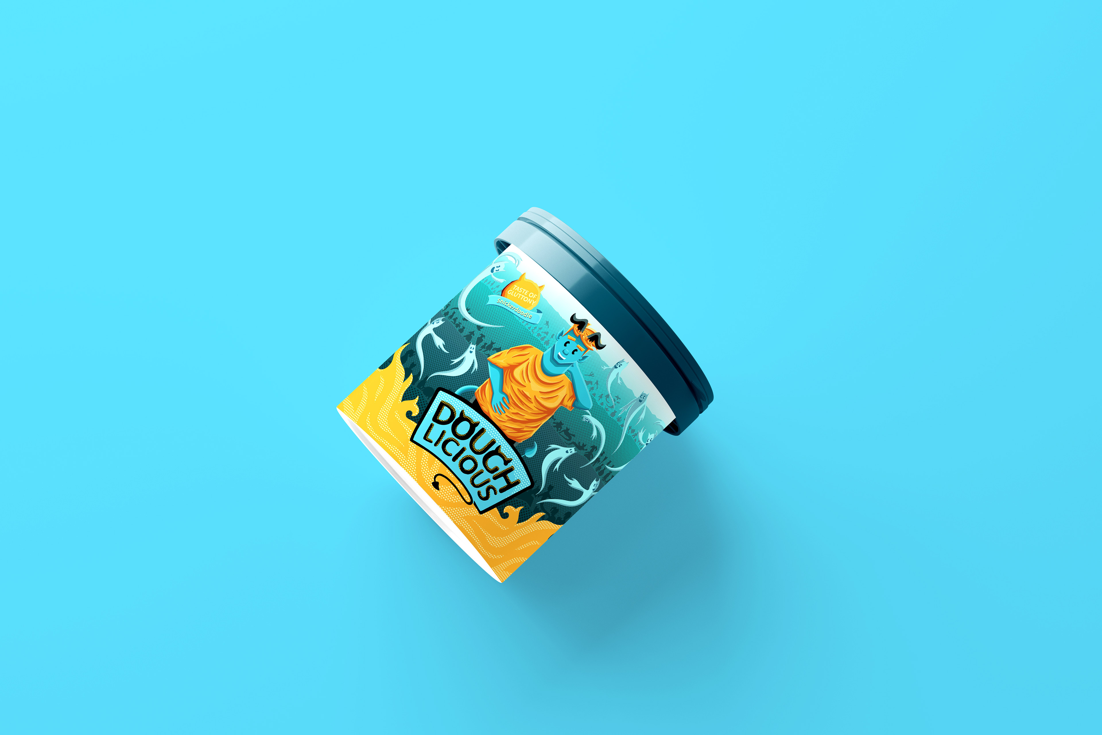 Cookie dough jar on blue background.