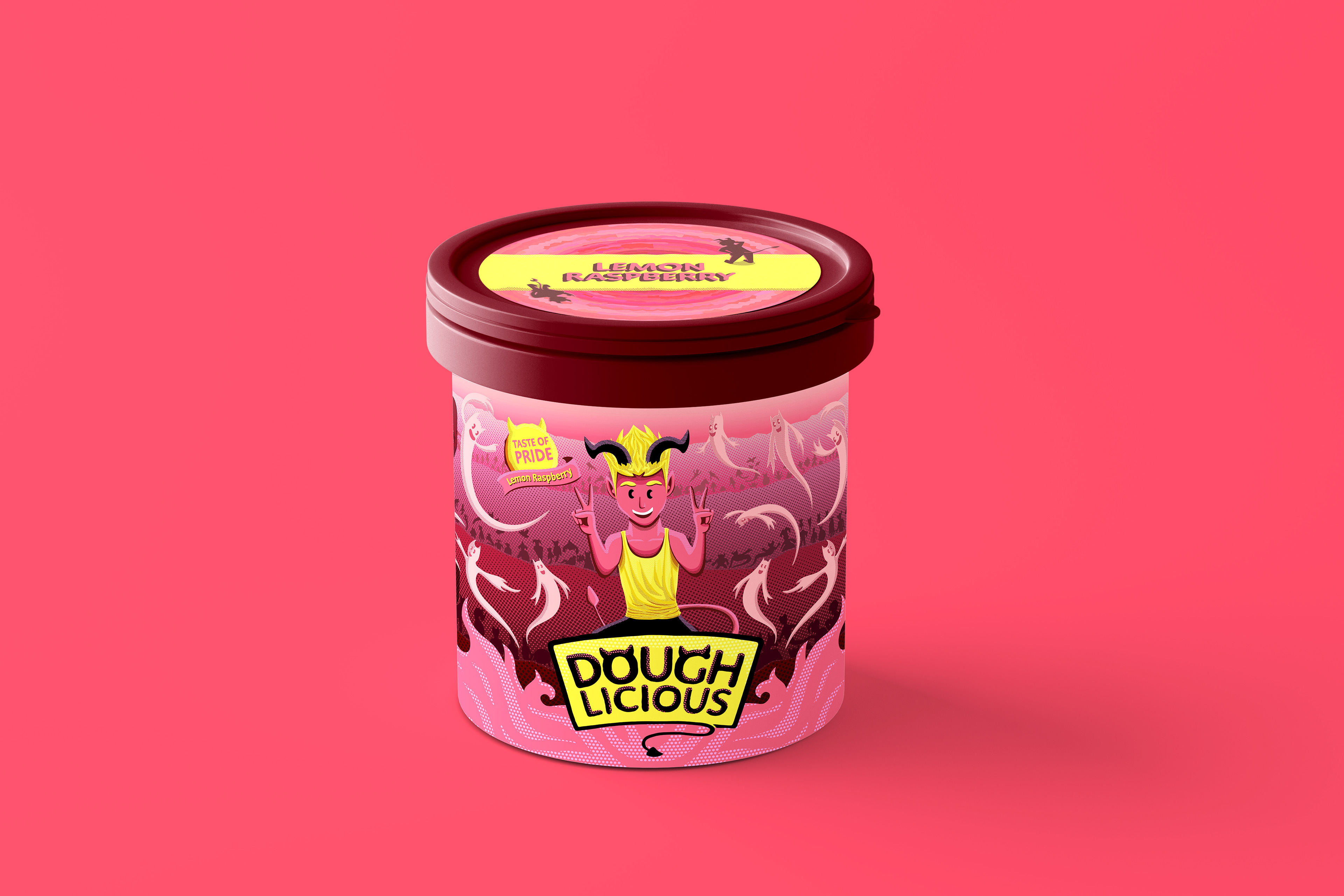 Pink cookie dough jar with illustrated label.