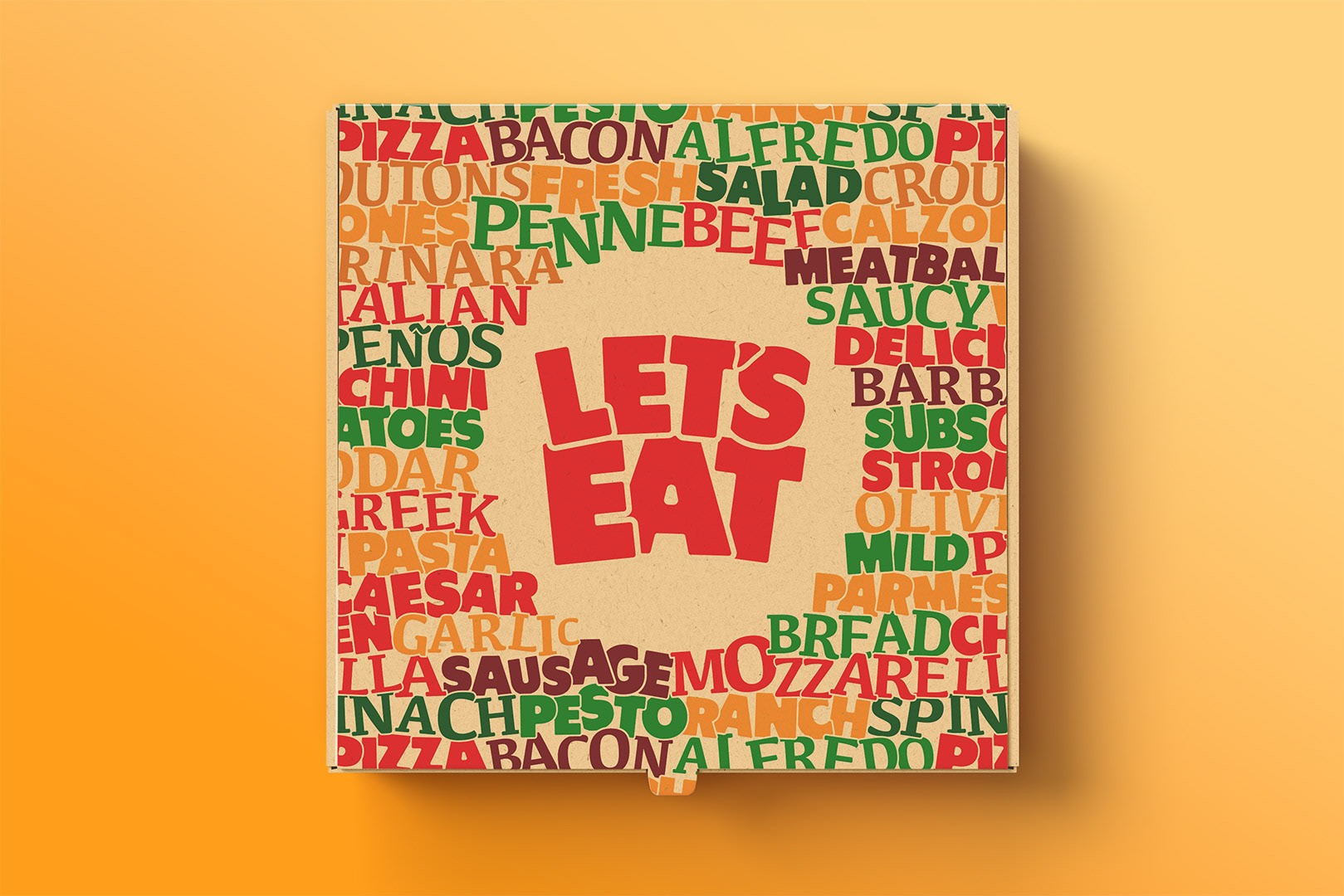 Mockup of pizza box with printed design.