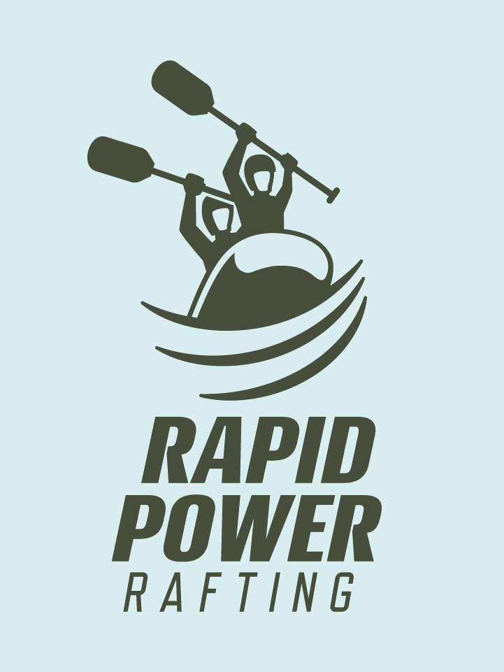 Rapid Power Rafting stacked logo with blue background.