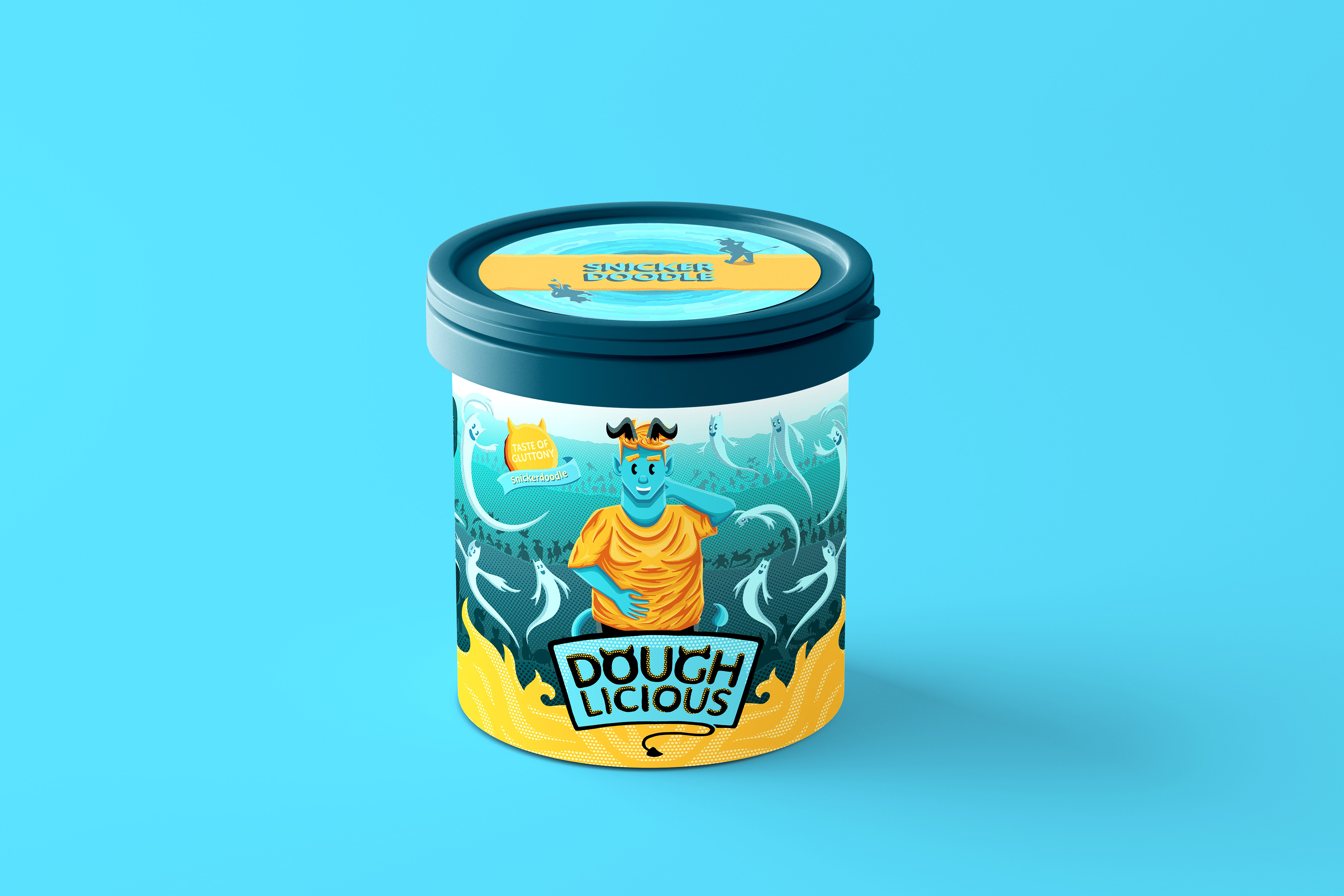 Blue cookie dough jar with illustrated label.