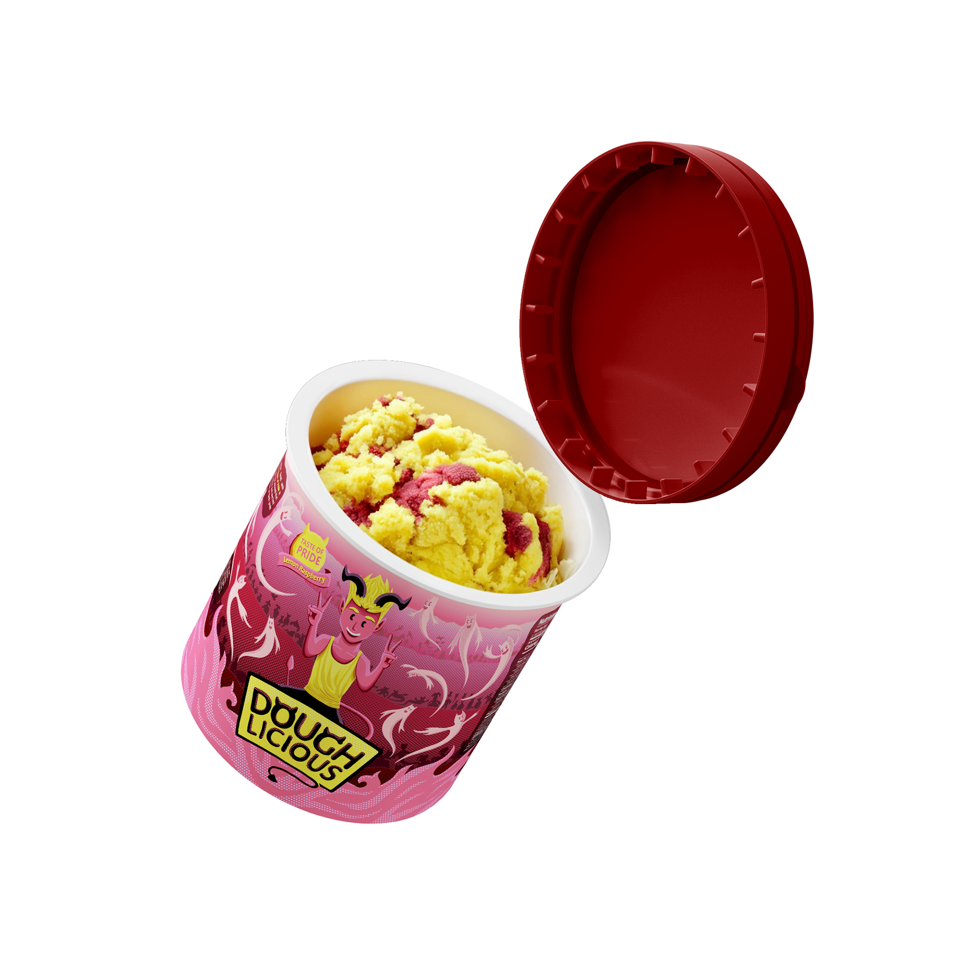 Open pink cookie dough jar filled with dough.