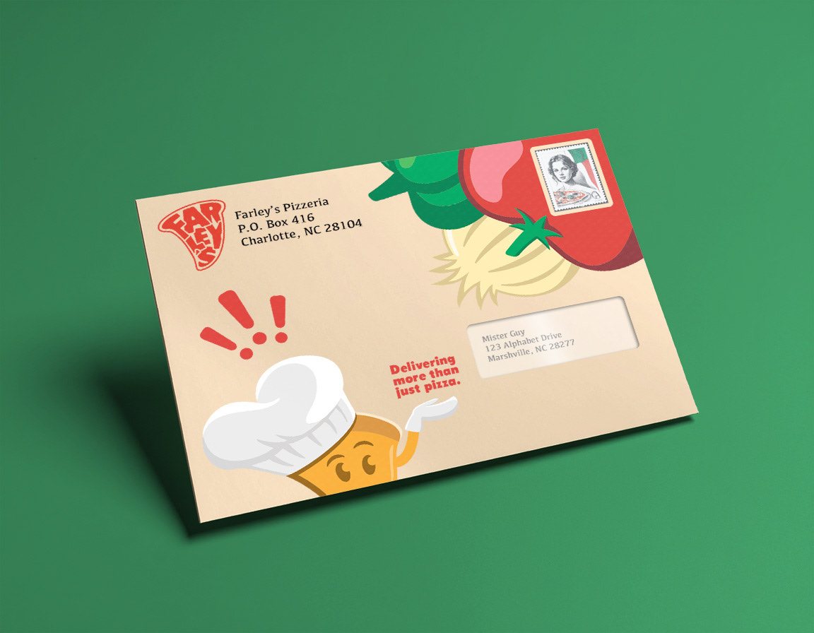 Mockup of envelope branded with Farley's character and illustrations.