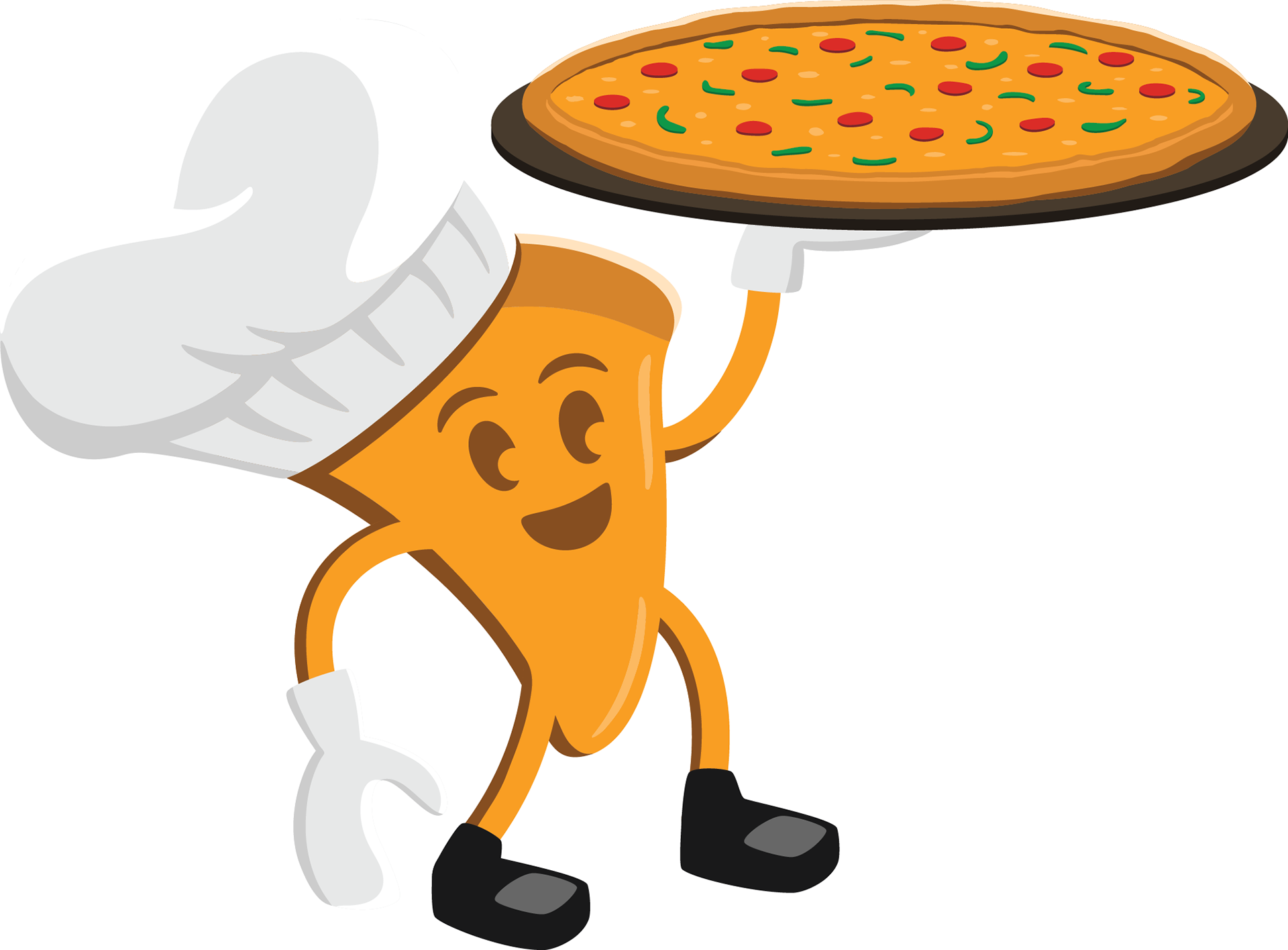 Farley - pizza character holidng a tray of pizza.