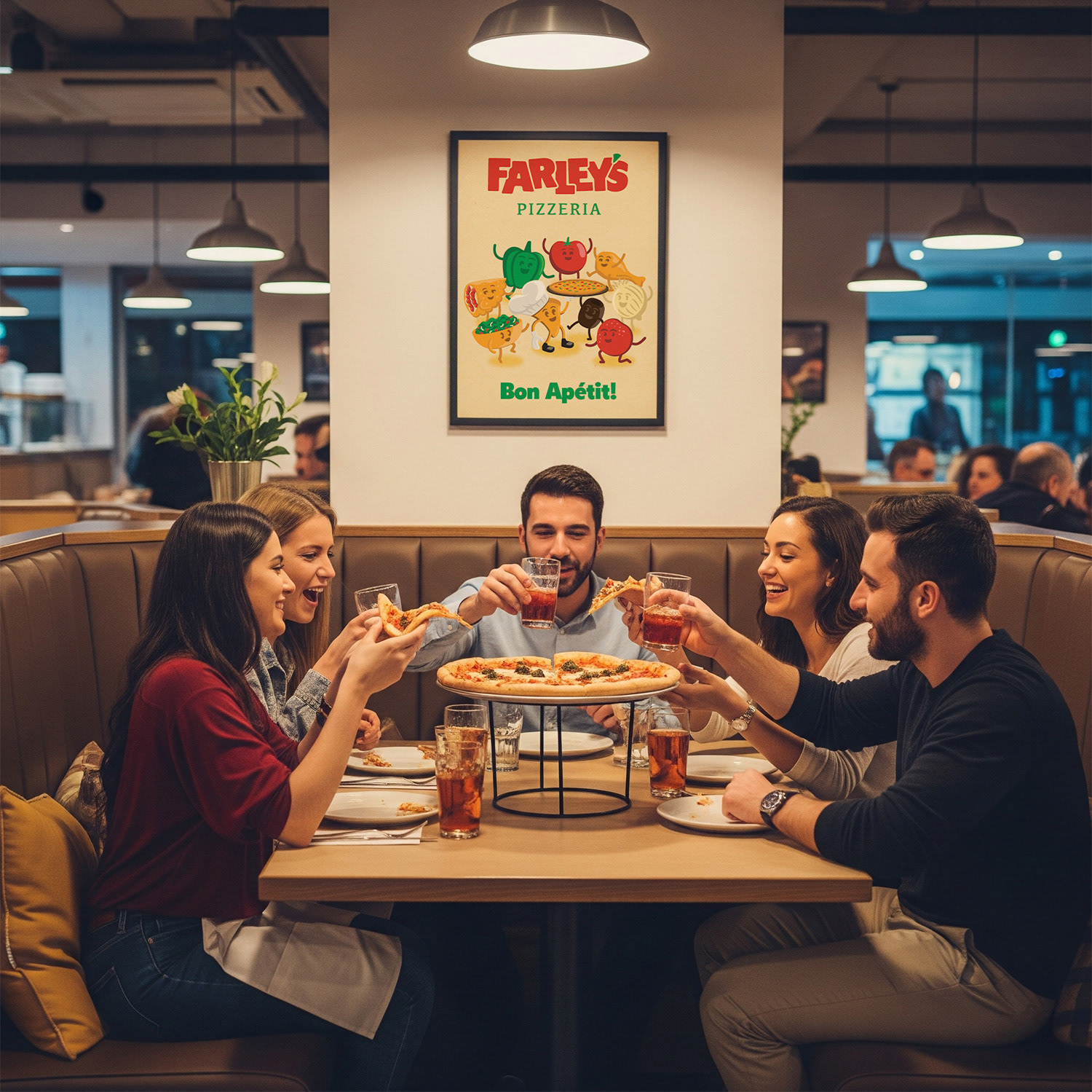 Group of people eat pizza in a restaurant booth.