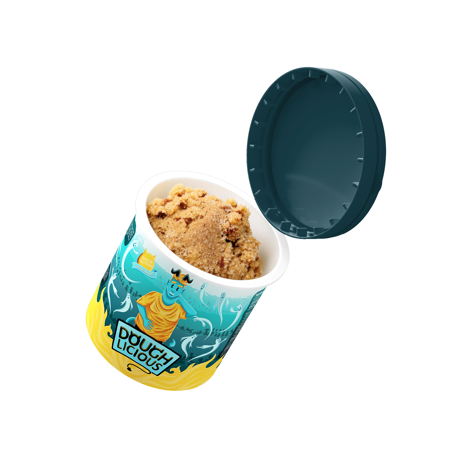 Open blue cookie dough jar filled with dough.