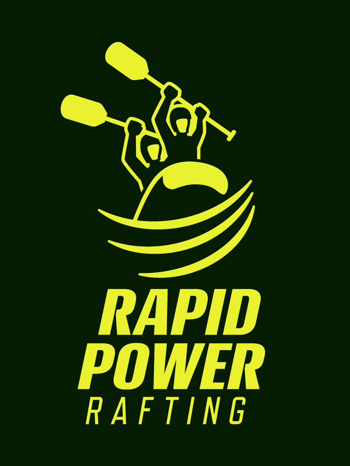 Rapid Power Rafting stacked logo with dark green background.