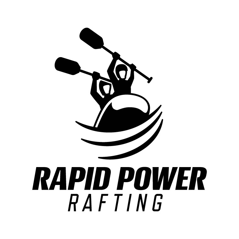 Logo of a pair of rafters holding paddles rising above a wave.