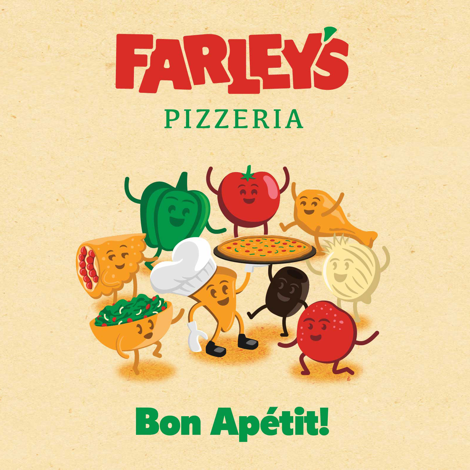 Farley's Pizzeria character ensemble poster.