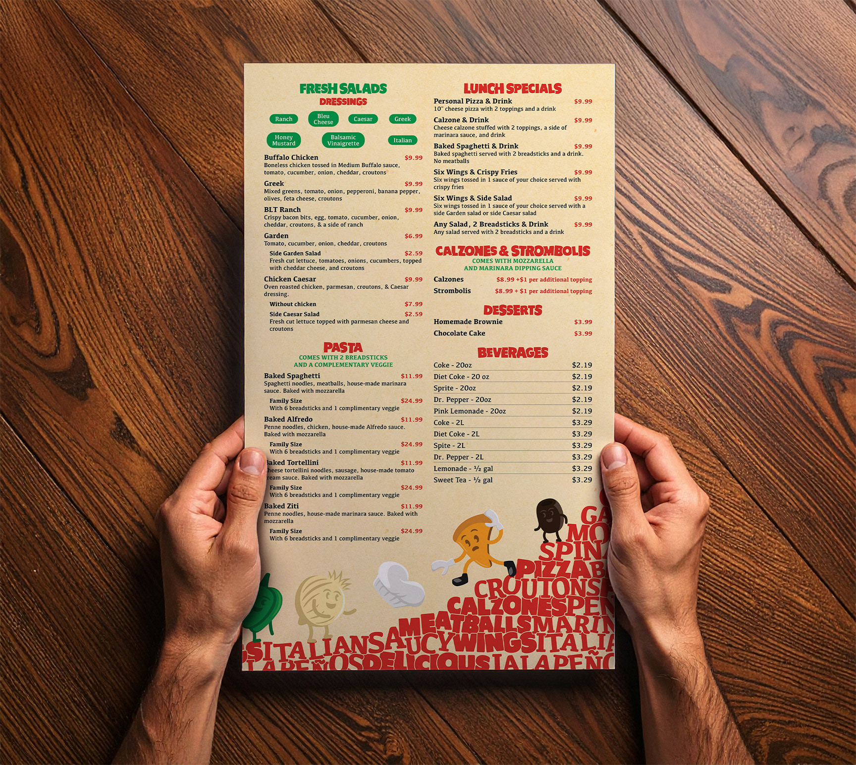 Farley's Pizzeria back side menu mockup.