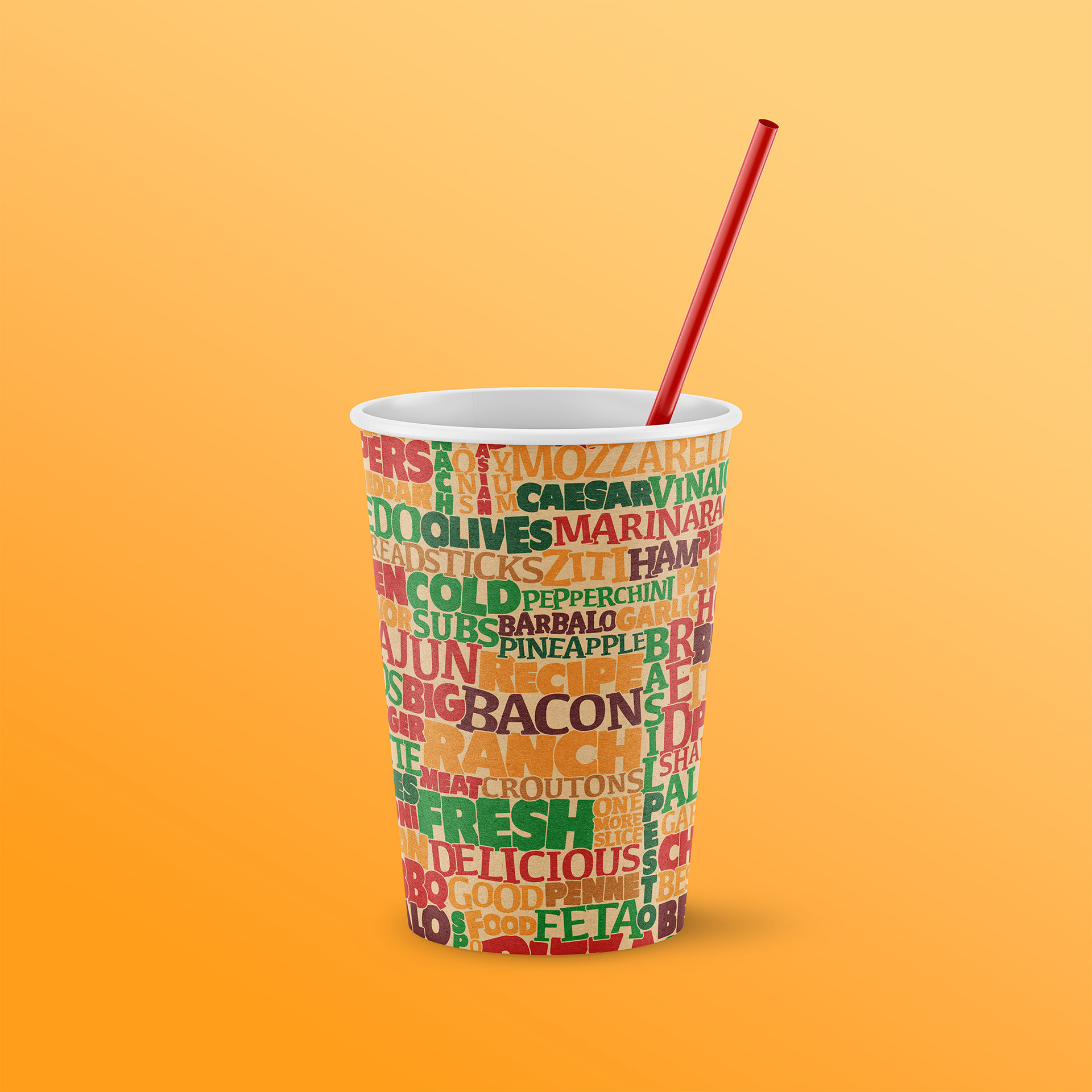 Mockup of paper cup with printed design.